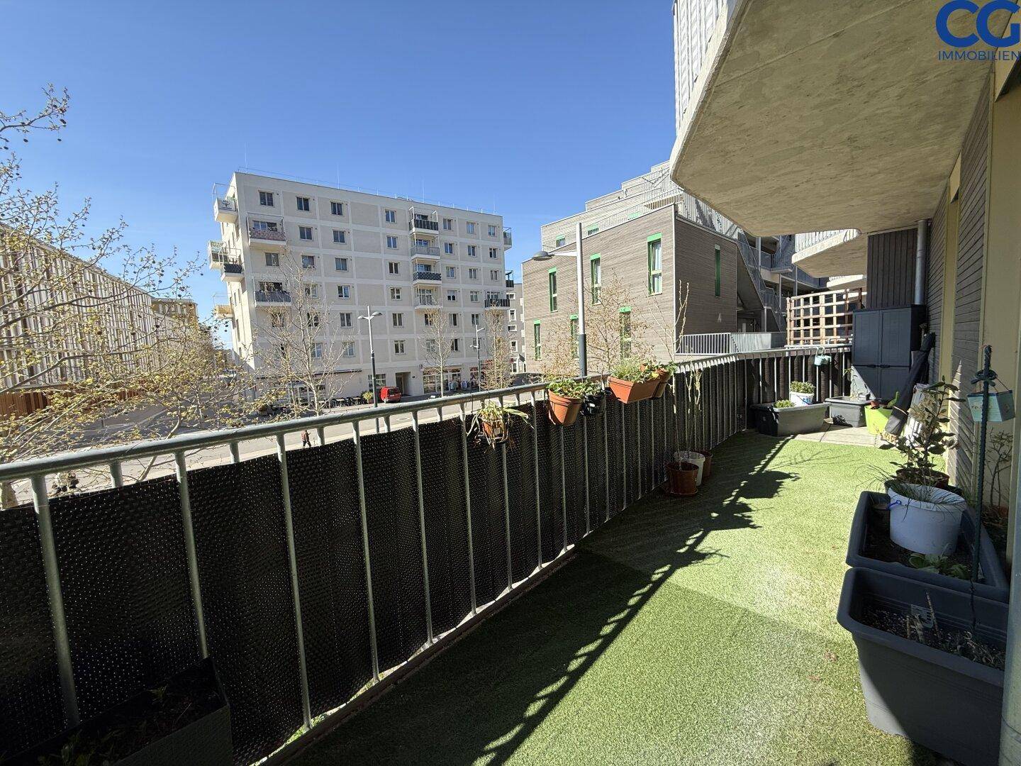 Langer Balkon mit Kunstrasen und Blick auf umliegende Wohngebäude in sonniger Lage.