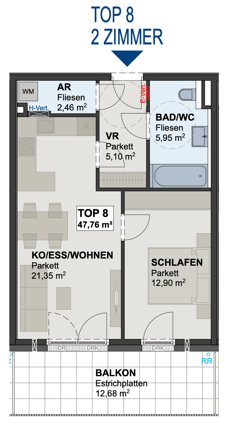 Grundriss der Wohnung TOP 8 mit zwei Zimmern, Balkon und einer Fläche von 47,76 m².