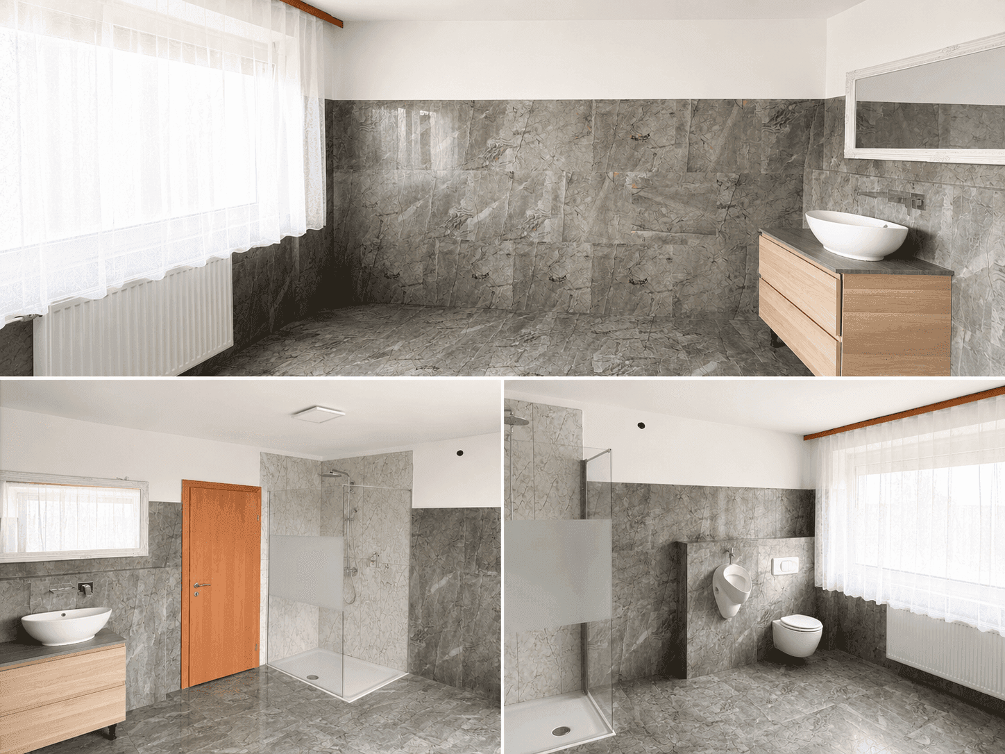 Modernes Badezimmer mit dunklen Fliesen, begehbarer Dusche, Urinal und Fenster.