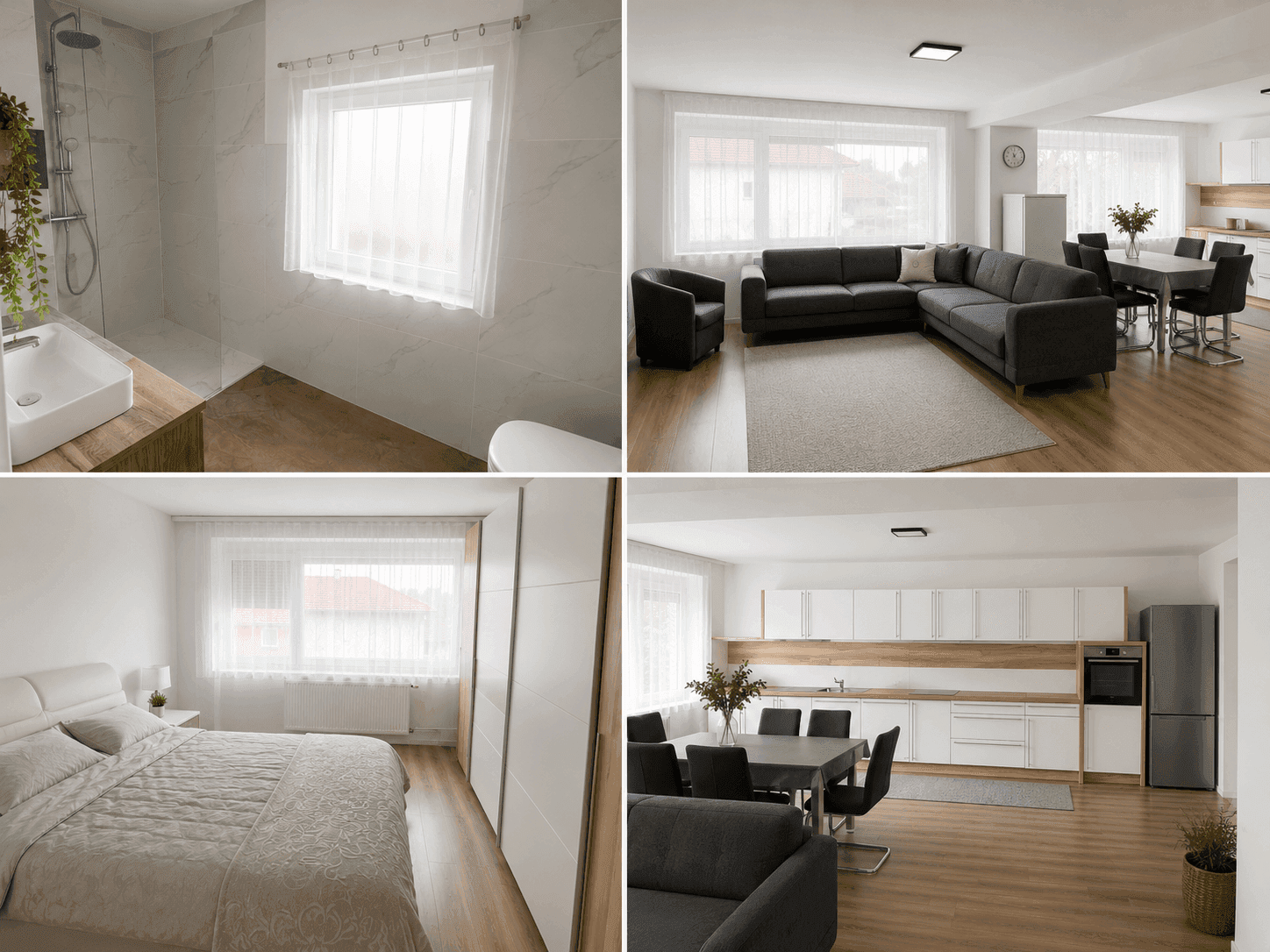 Kombination aus Badezimmer, Schlafzimmer und offenem Wohn-Essbereich mit moderner Einrichtung und großen Fenstern.
