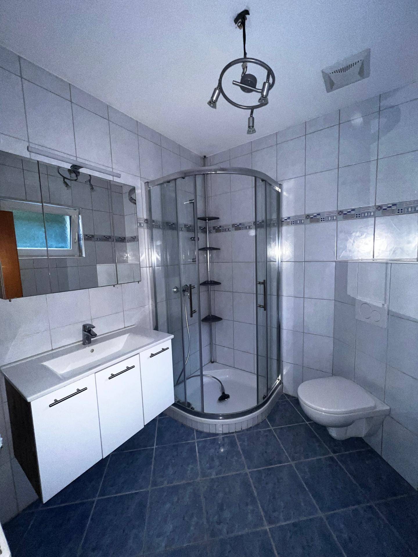 Modernes Badezimmer mit Duschkabine, wandhängendem WC und Einzelwaschbecken.