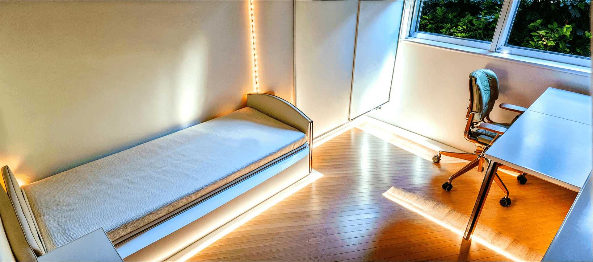 Gemütliches Schlafzimmer mit Einzelbett, Schreibtisch und indirekter Beleuchtung für eine angenehme Atmosphäre.