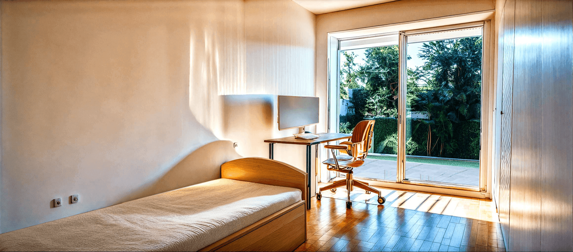 Helles Schlafzimmer mit Einzelbett, Schreibtisch und großem Fenster mit Blick ins Grüne.