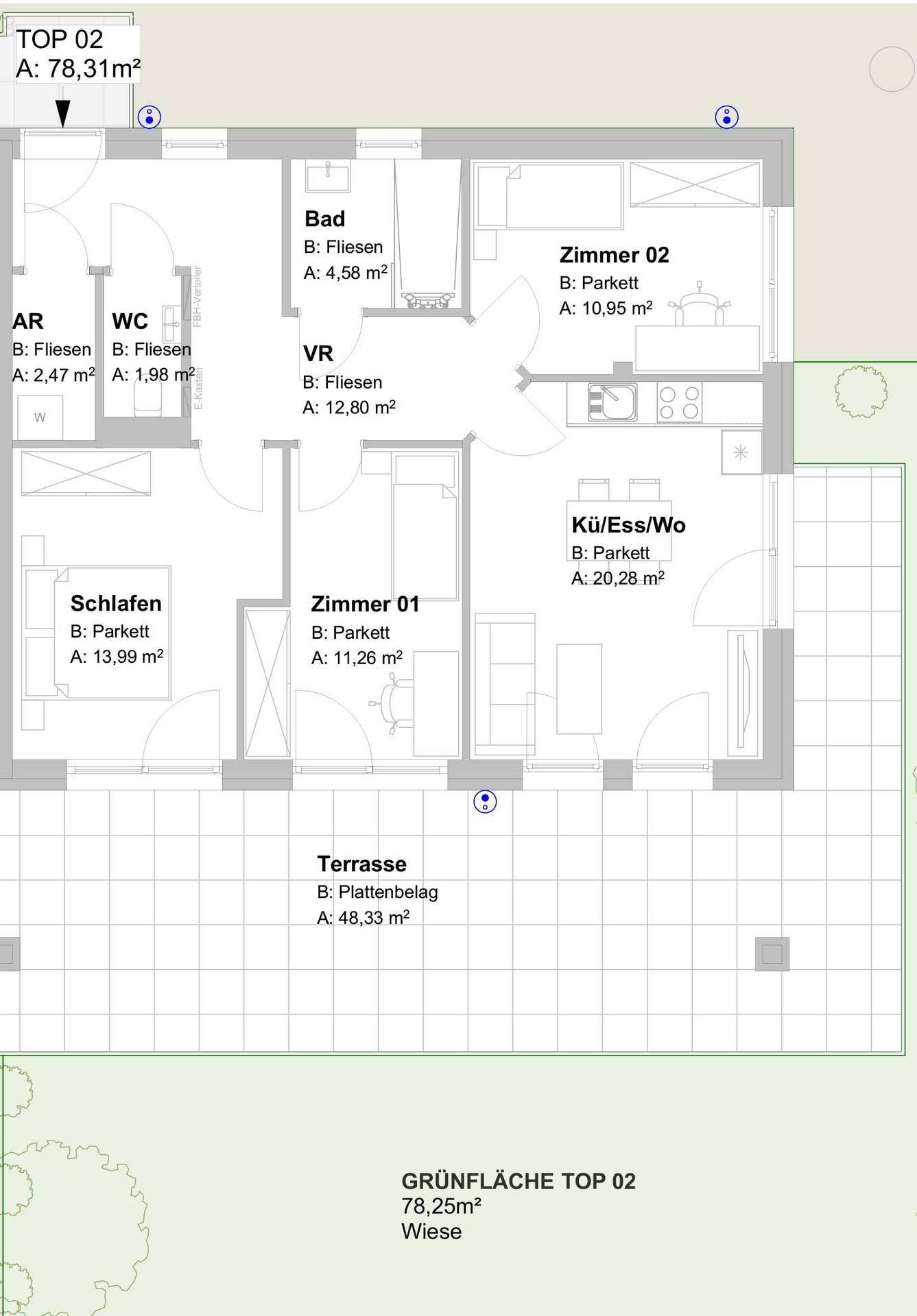 Grundriss der Wohnung TOP 02 mit drei Zimmern, offener Küche, Bad, WC und großer Terrasse.