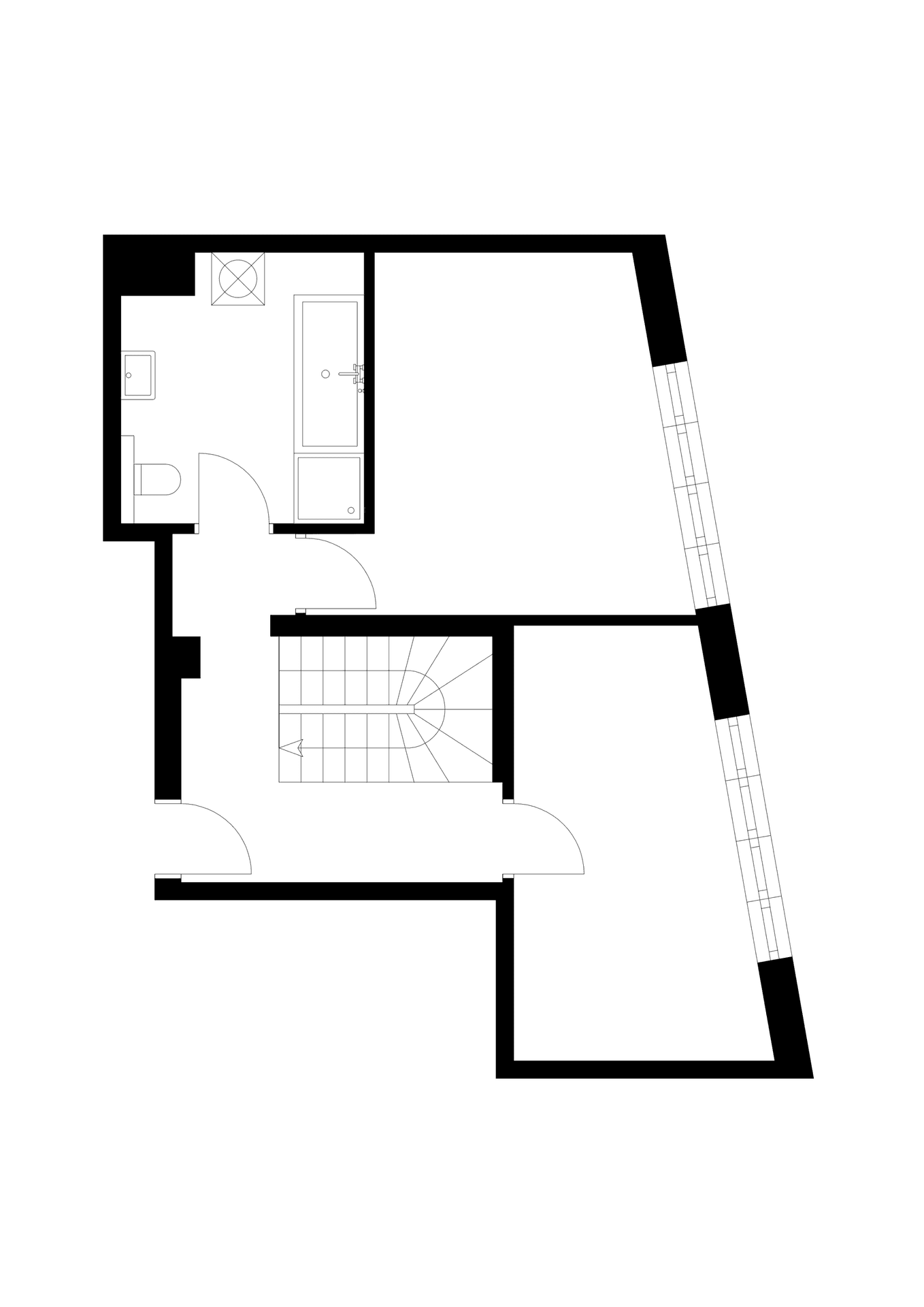 Grundriss zeigt Badezimmer, Treppenhaus und weiteren Raum.