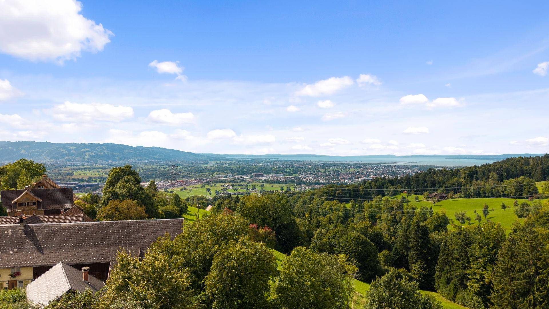 Panoramablick über eine grüne Landschaft, eine Stadt und einen großen See.
