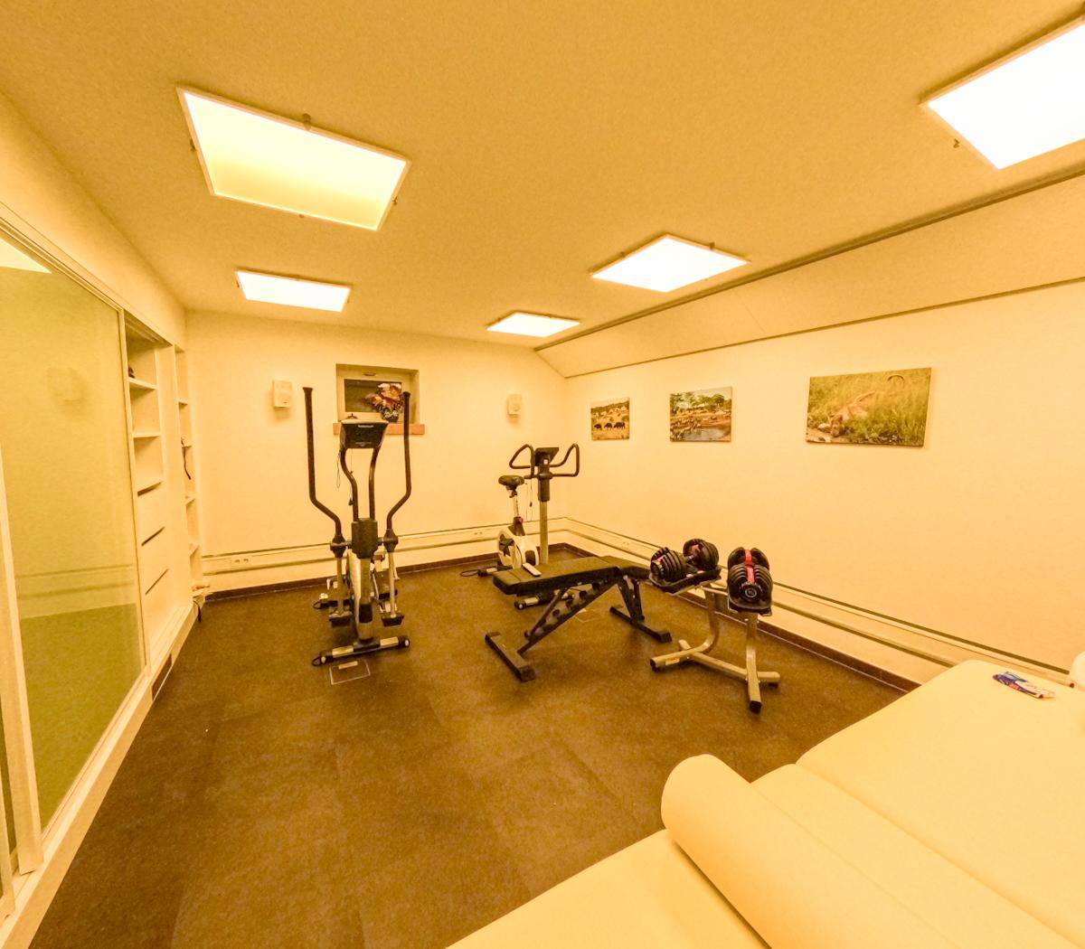 Fitnessraum mit verschiedenen Trainingsgeräten und ausreichend Platz für Sport.
