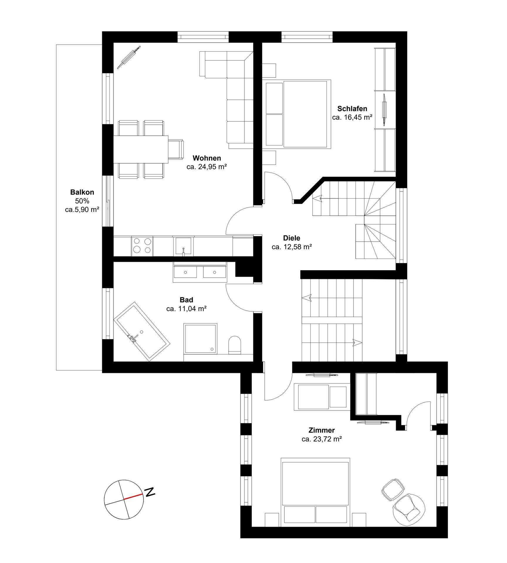 Grundriss des Obergeschosses mit Wohnbereich, Schlafzimmern und Balkon.