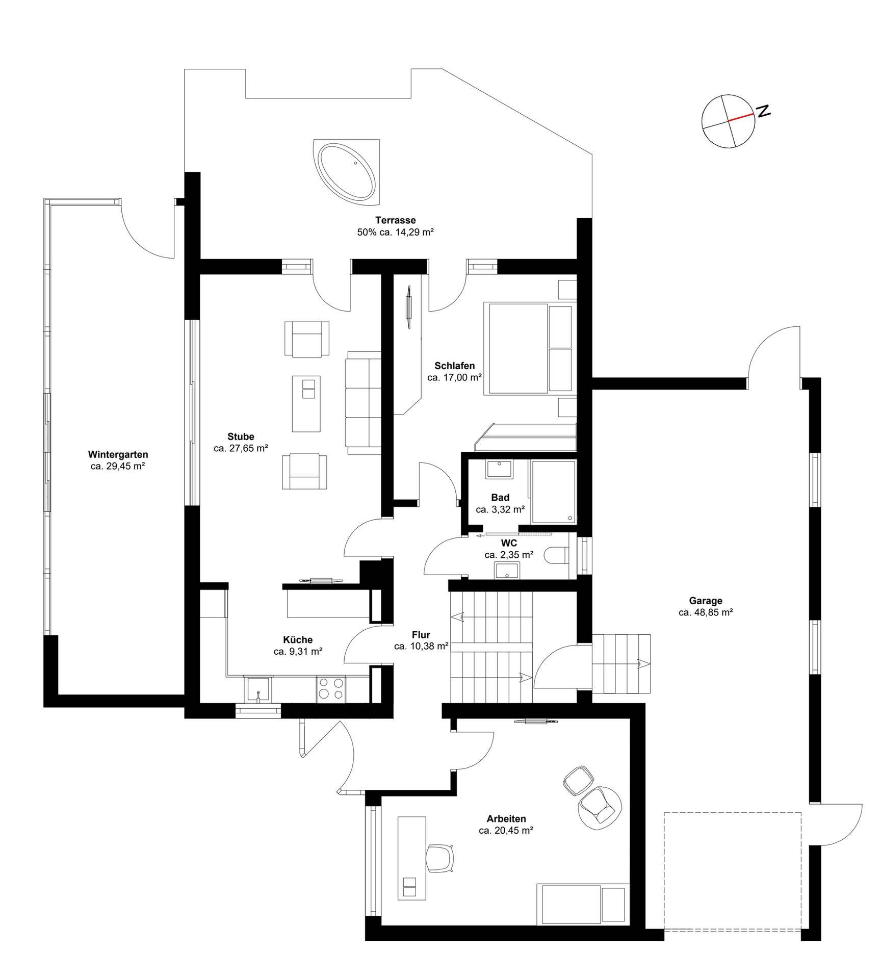 Grundriss des Erdgeschosses mit Wintergarten, Küche, Wohnbereich und Terrasse.