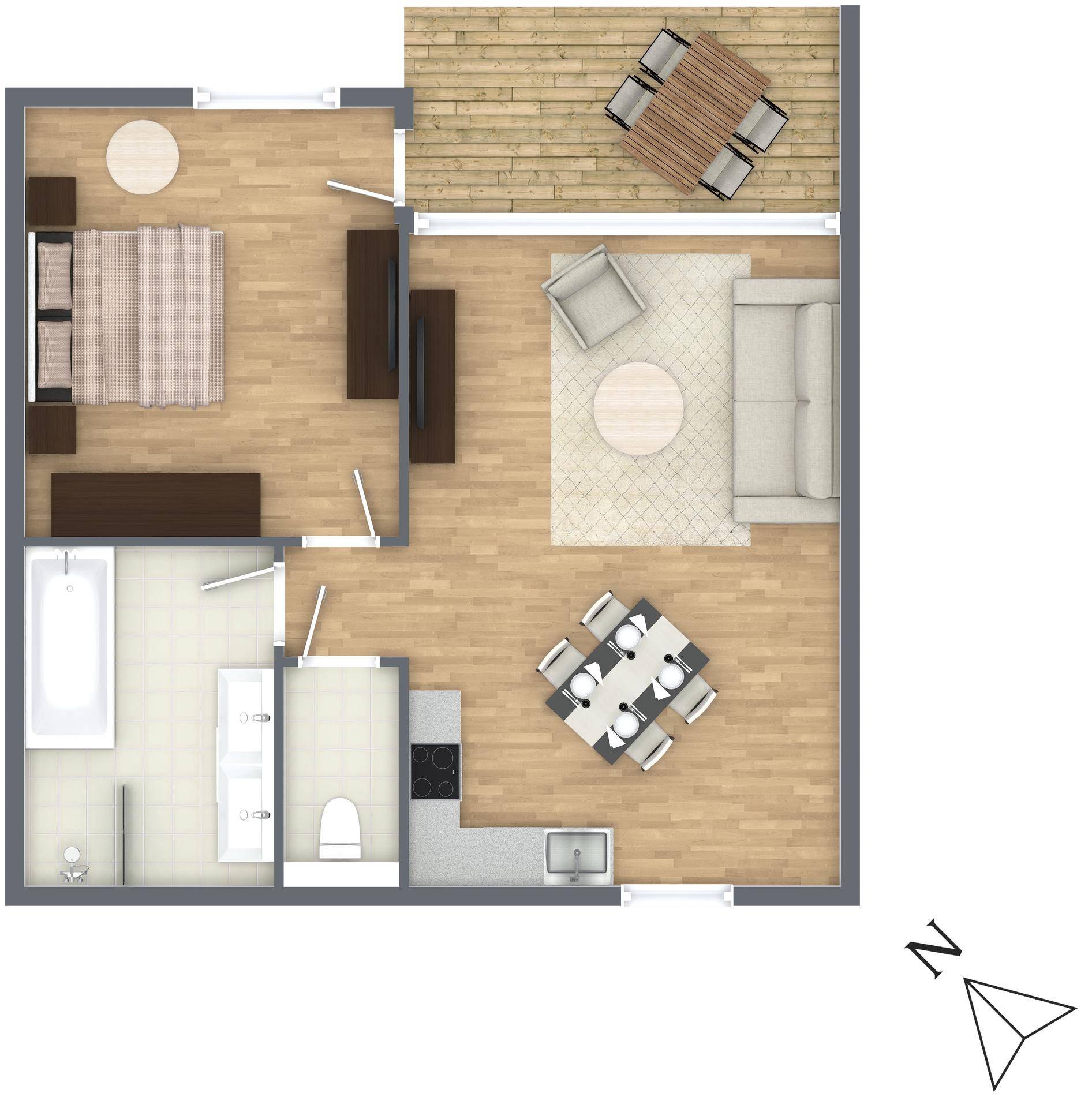Grundriss einer Wohnung mit offenem Wohnbereich, Schlafzimmer, Bad und einem Balkon.