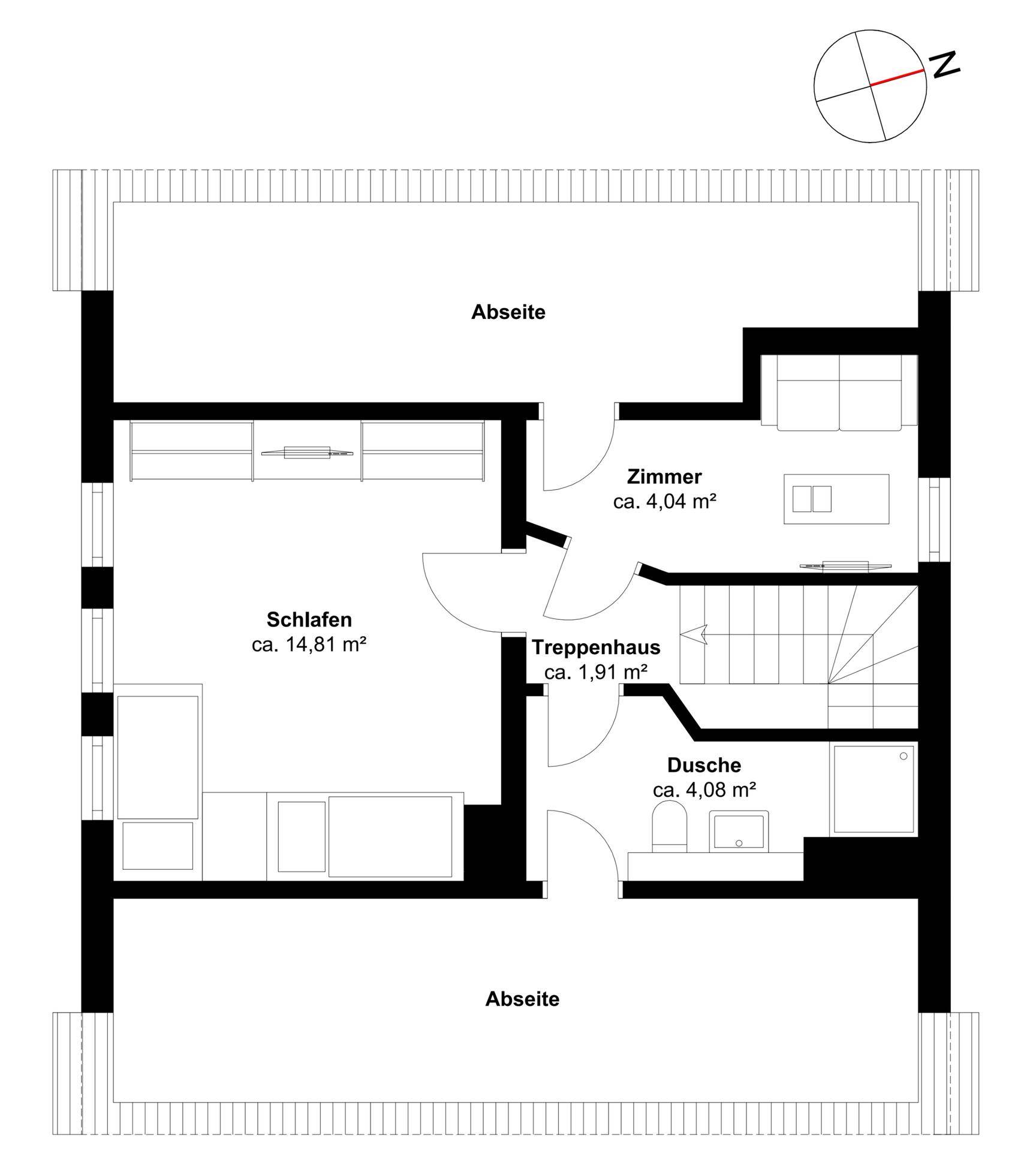 Grundriss des Dachgeschosses mit Schlafzimmern und Duschbad.