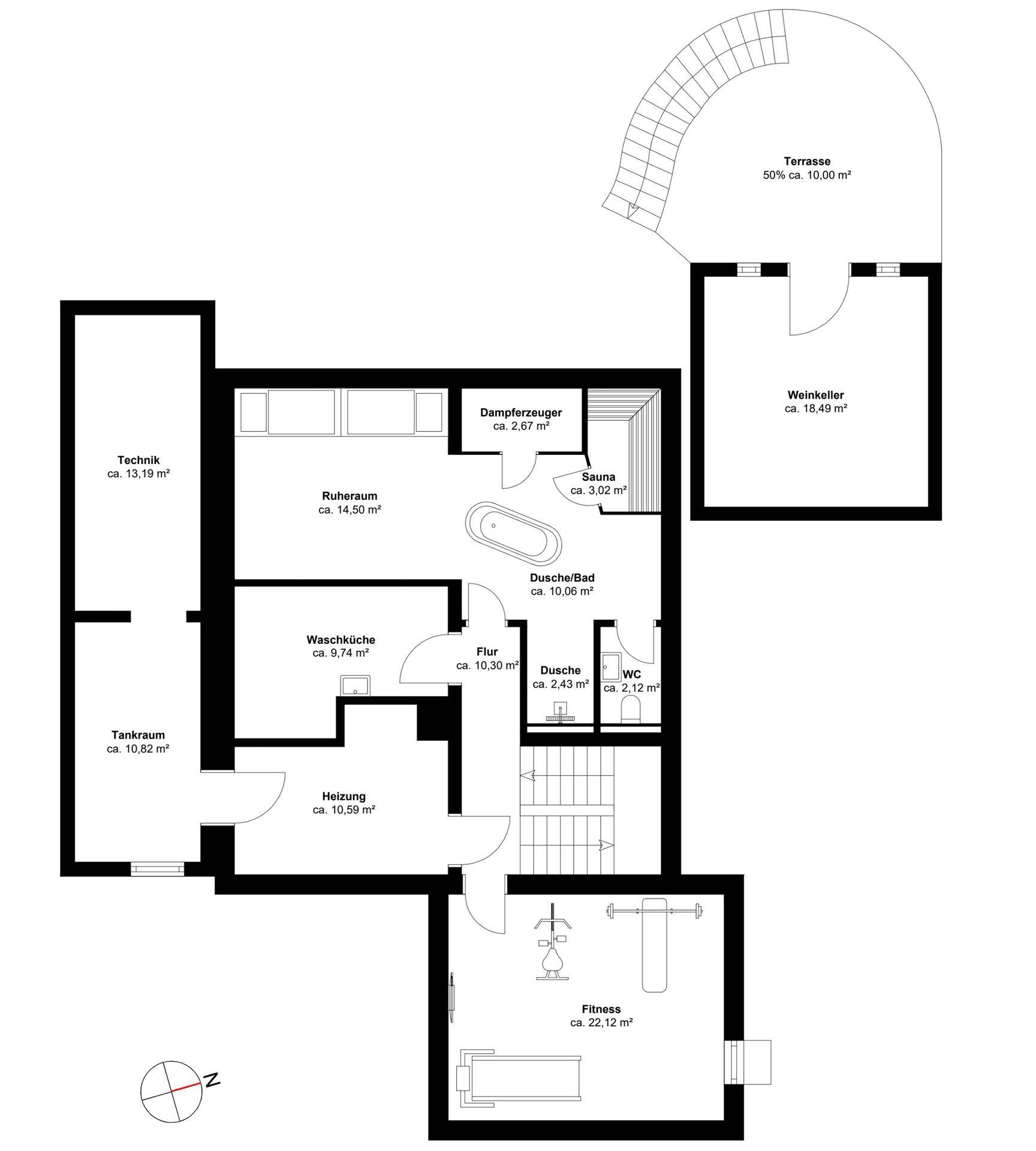 Grundriss des Untergeschosses mit Wellnessbereich, Sauna, Weinkeller und Fitnessraum.