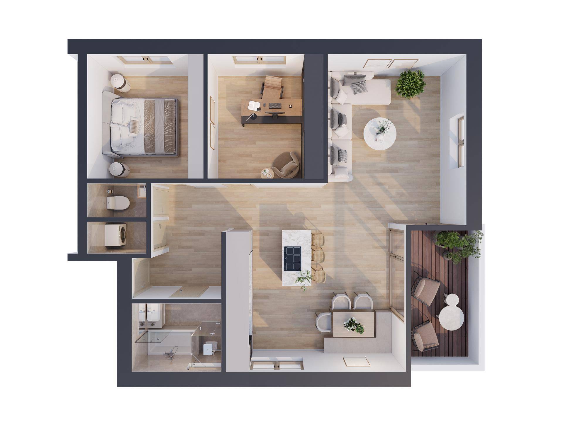 3D-Grundriss einer Wohnung mit offenem Wohnbereich, Schlafzimmer und Balkon.