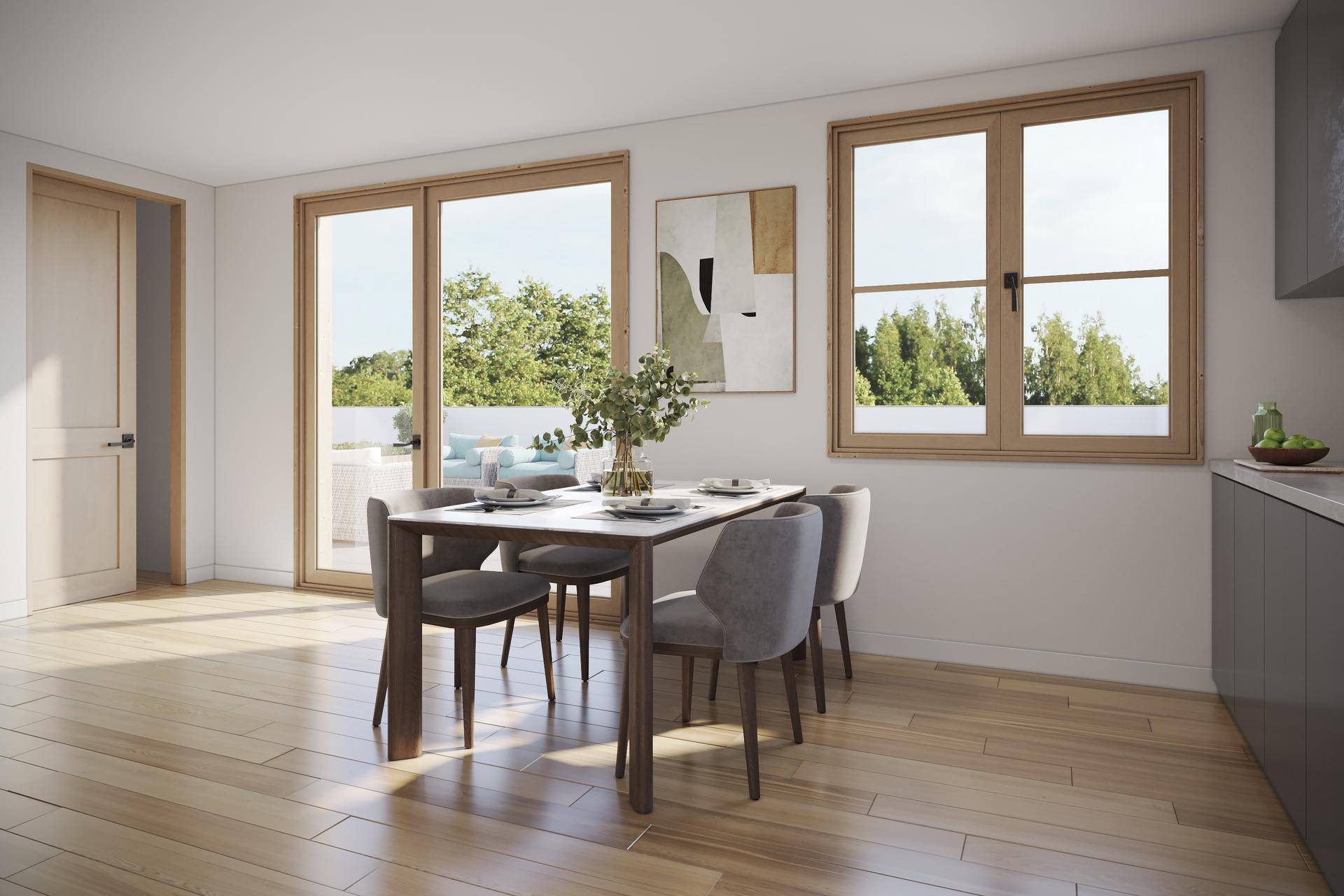 Essbereich mit Holzboden, großen Fenstern und direktem Zugang zur Terrasse oder Balkon.
