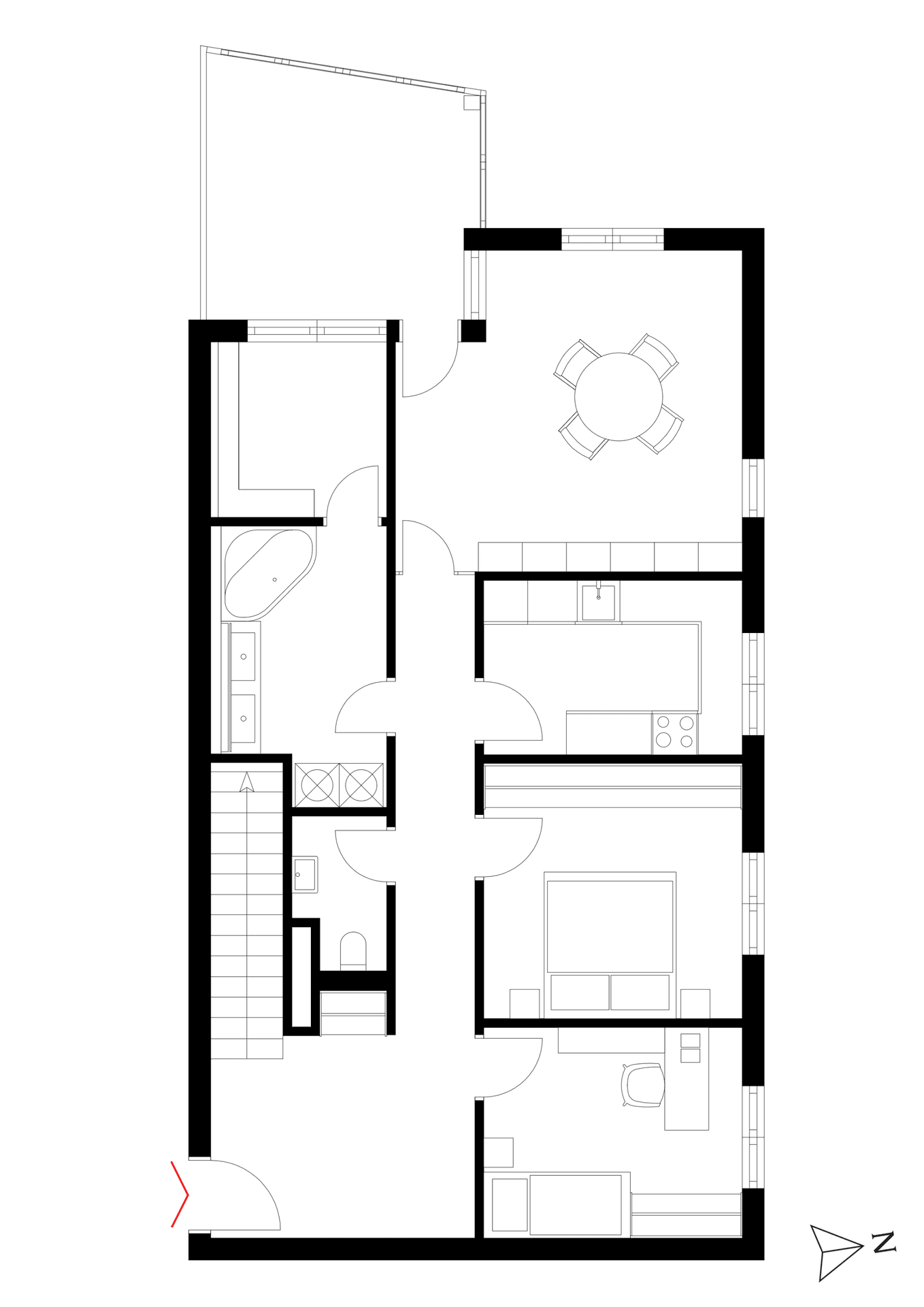 Grundriss des Erdgeschosses mit Terrasse, offenem Wohnbereich, Küche und einem Schlafzimmer.
