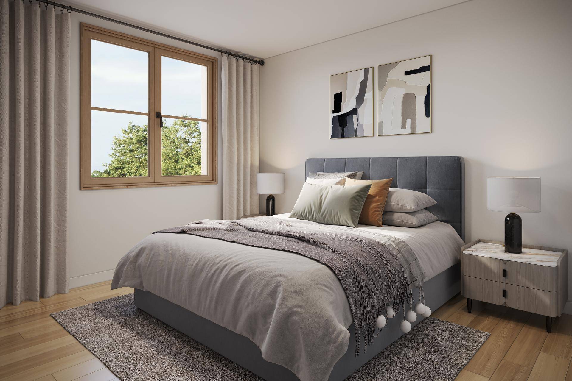 Gemütliches Schlafzimmer mit Holzboden, großem Fenster und moderner Einrichtung.