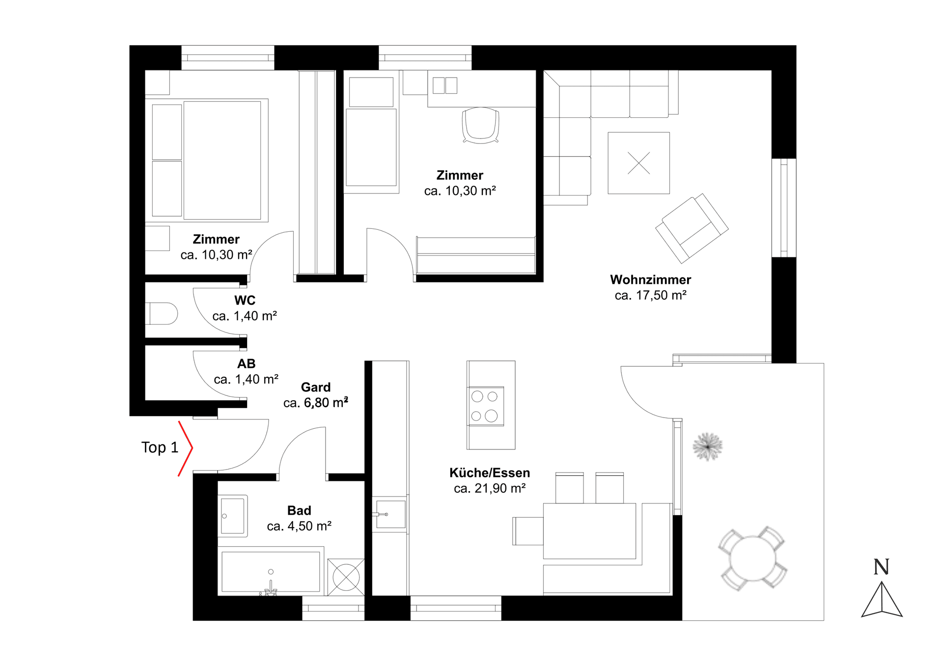 Klassischer Grundriss einer Wohnung mit separaten Zimmern, WC und Bad.