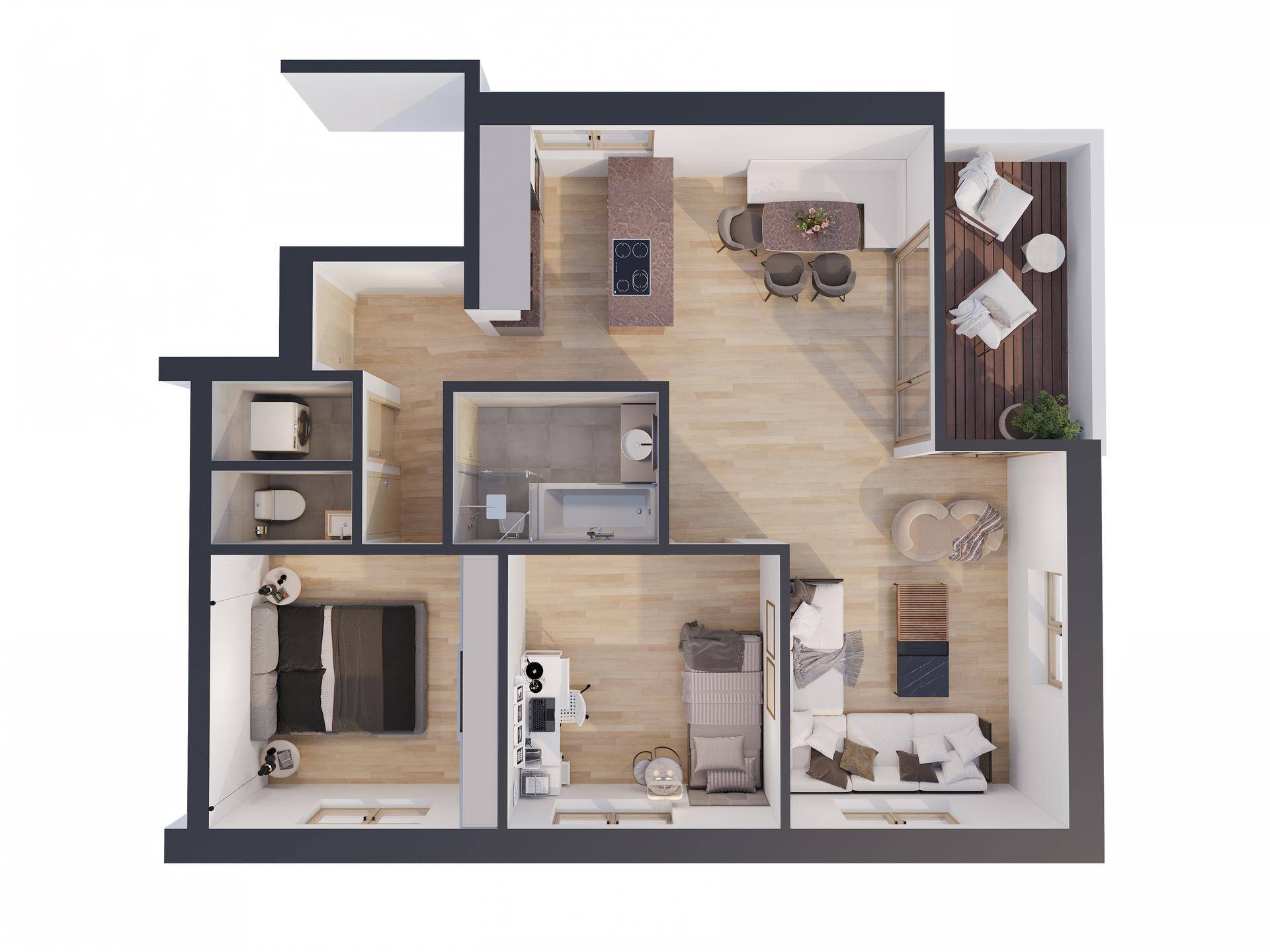 Möblierter Grundriss einer Wohnung mit offenem Wohnbereich, Schlafzimmern und Balkon.