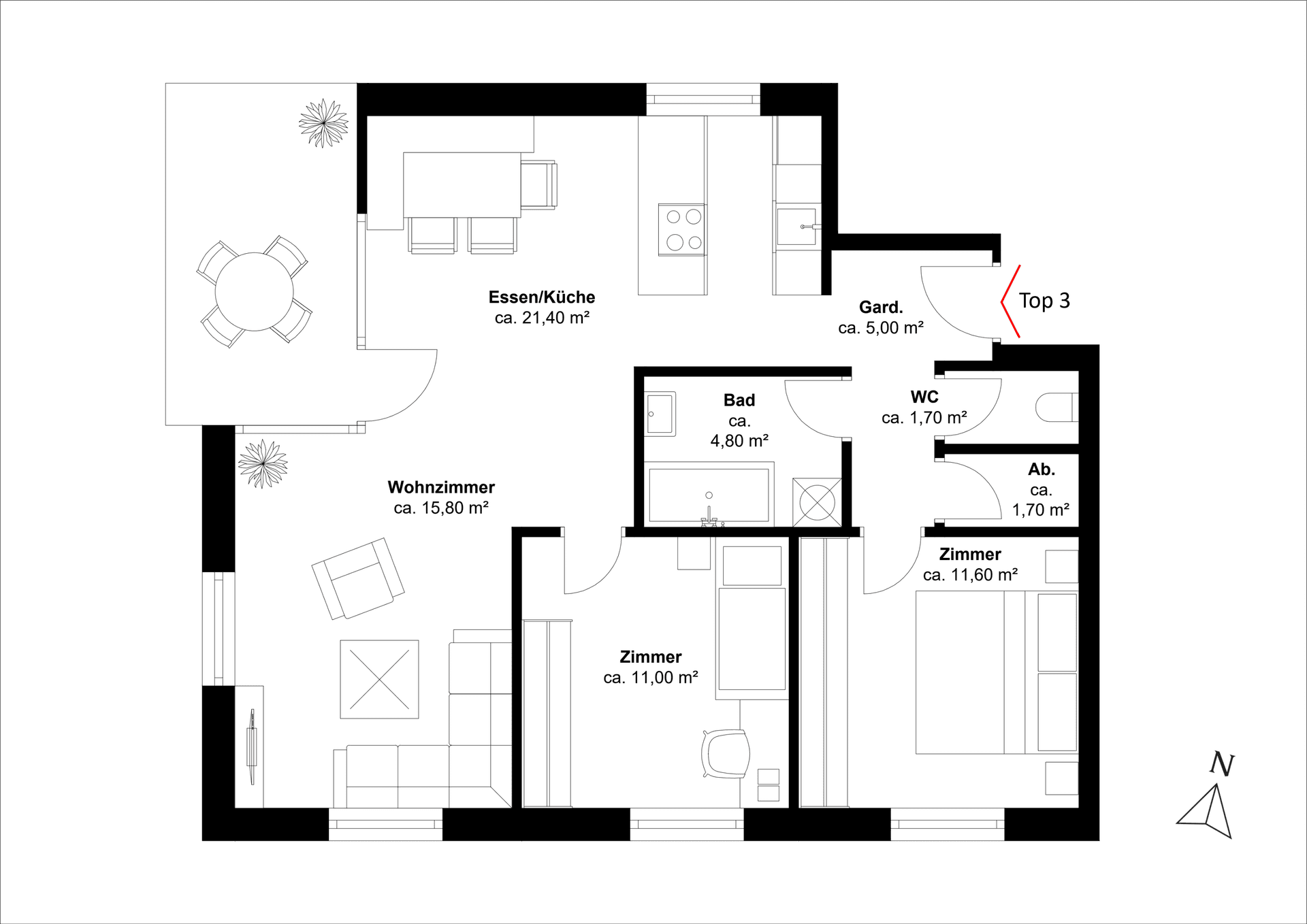 Klassischer Grundriss einer Wohnung mit separaten Räumen und klaren Funktionsbereichen.