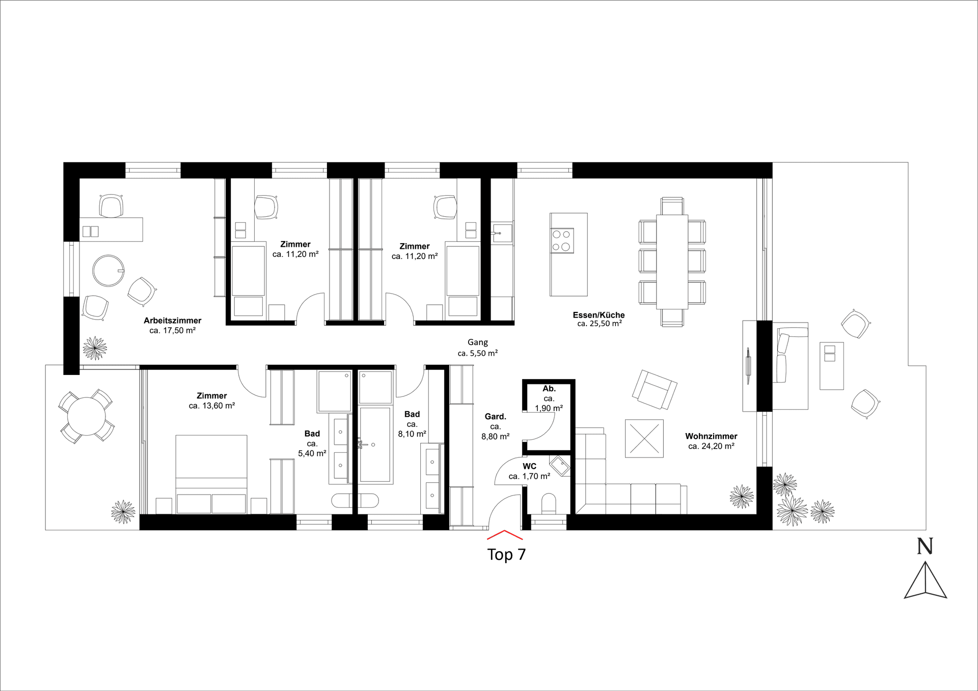 Detaillierter Grundriss einer Wohnung mit Raummaßen, offenem Wohn-Essbereich und Terrasse.