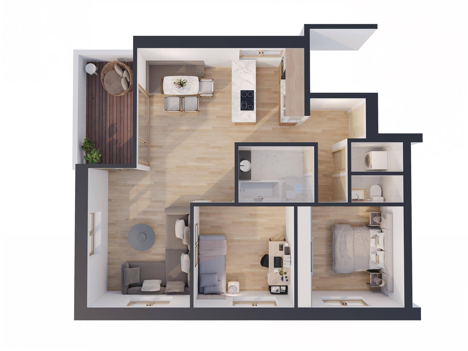 Dreidimensionaler Grundriss einer Wohnung mit offener Küche, Wohnbereich und Balkon.