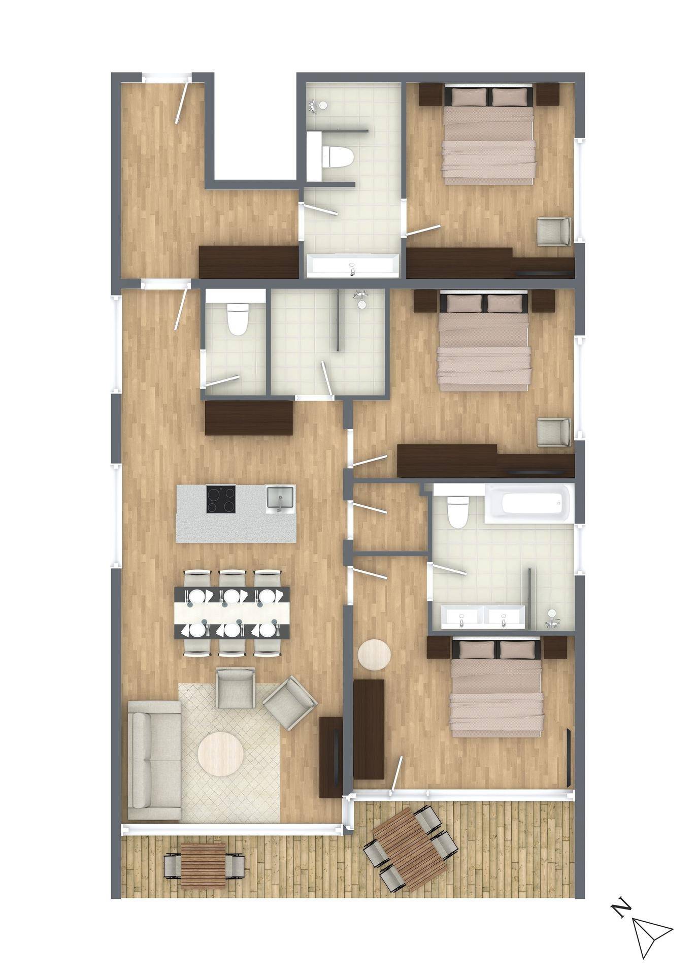 Detaillierter Grundriss einer Wohnung mit mehreren Schlafzimmern und Balkon.