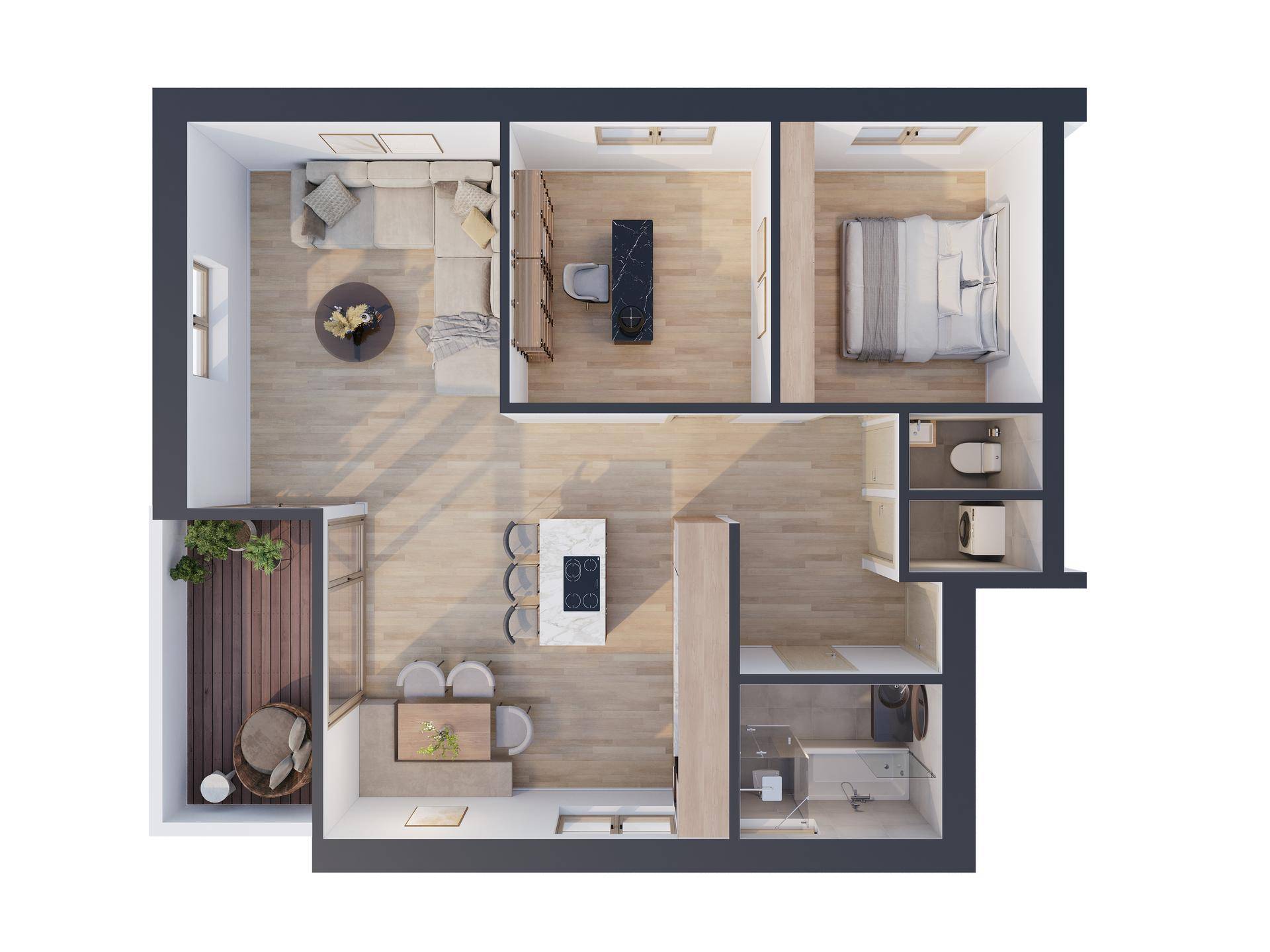 Möblierter Grundriss mit offenem Wohnbereich, Schlafzimmer und Balkon.