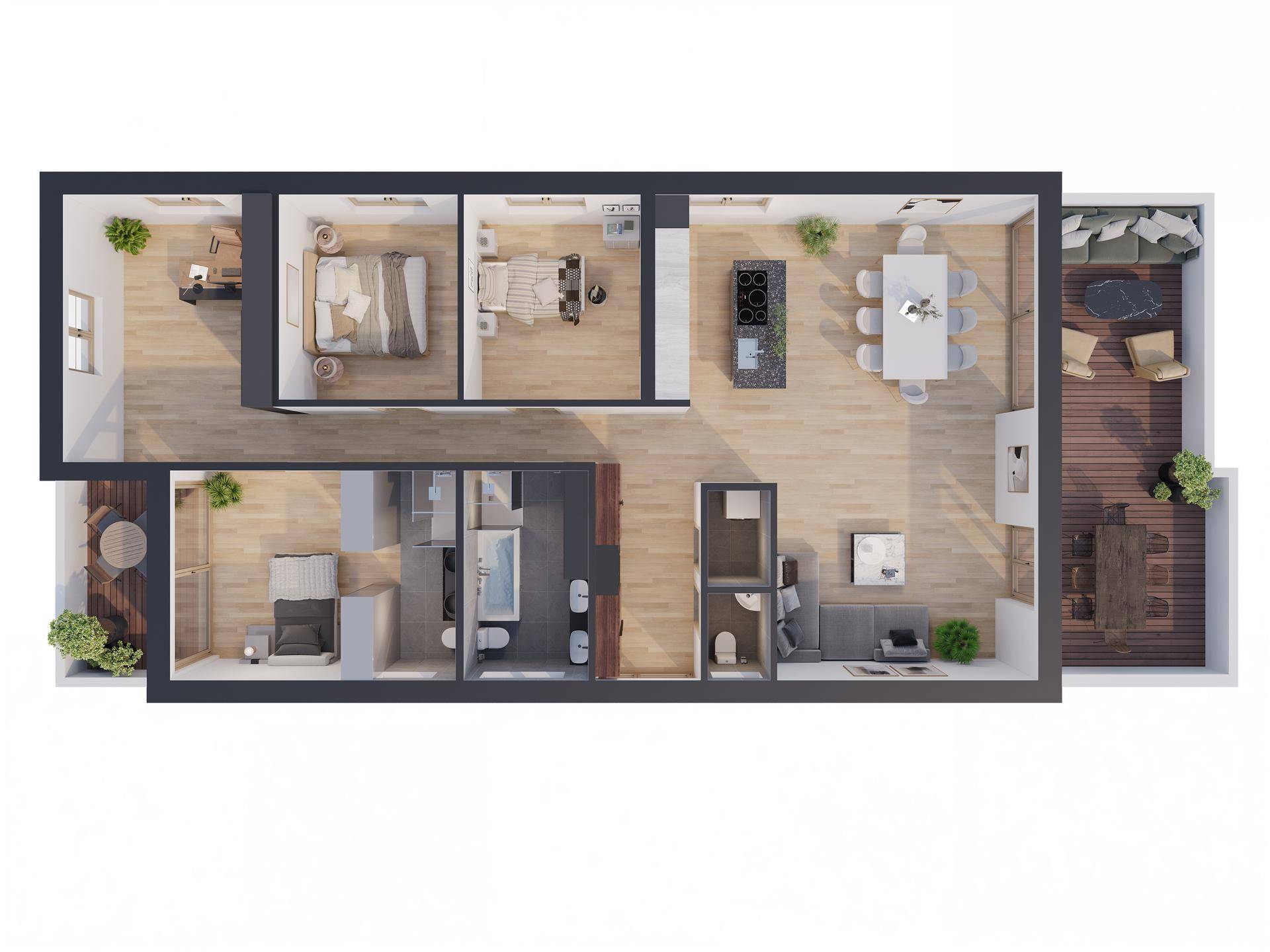 Dreidimensionaler Grundriss einer Wohnung mit offenem Wohnbereich, drei Schlafzimmern und Terrasse.