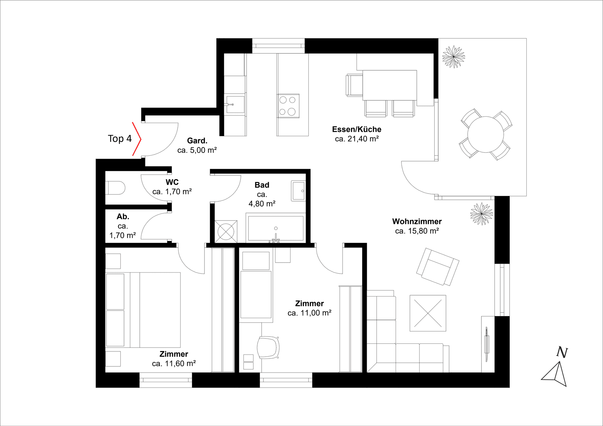 Schematischer Grundriss einer Wohnung mit Raummaßen, offener Küche und separatem WC.