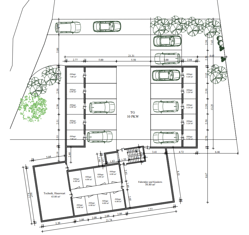 Grundriss der Tiefgarage mit Stellplätzen, Abstellräumen und Fahrradraum.
