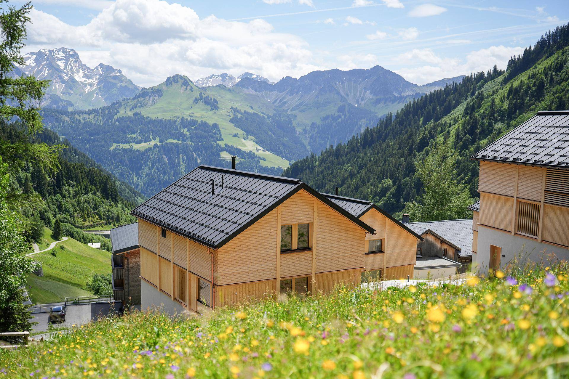 Gruppe von modernen Holzhäusern in einer malerischen Berglandschaft mit grünen Wiesen.