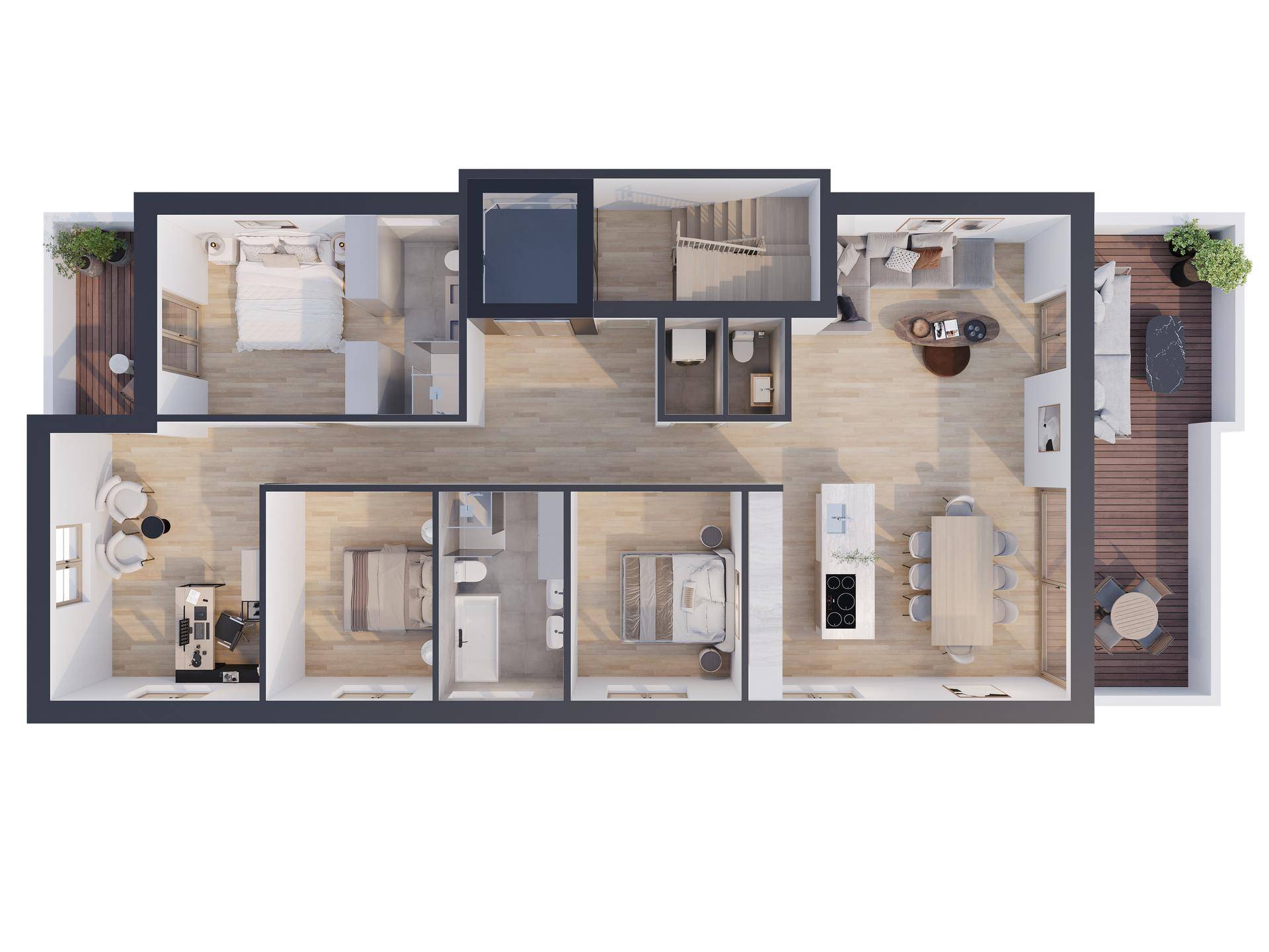 Detaillierter Grundriss einer Wohnung mit drei Schlafzimmern und offenem Wohnbereich.