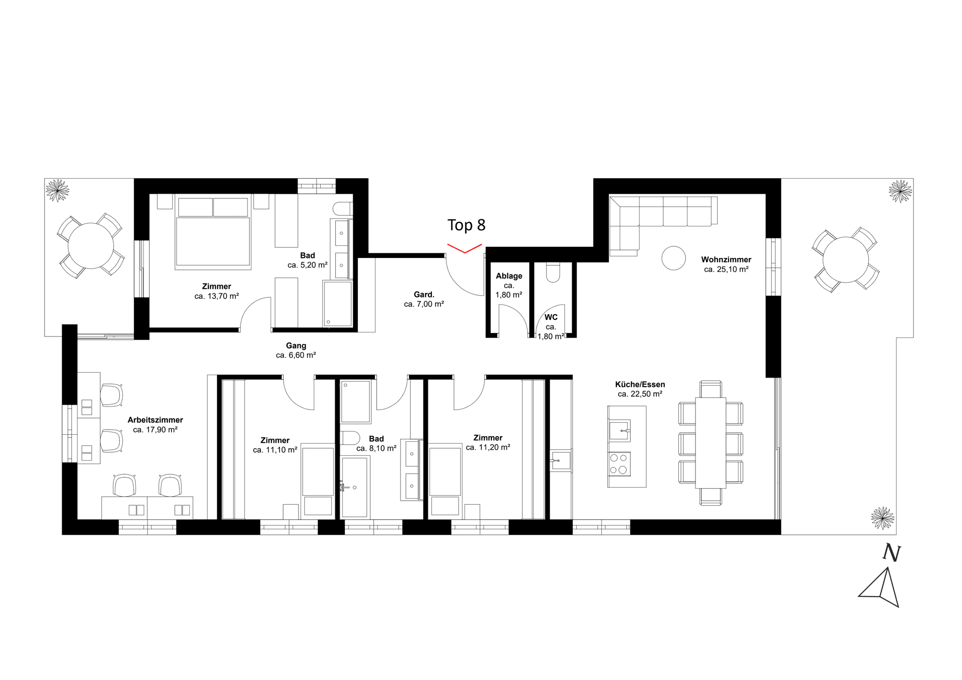 Klarer Grundriss einer Wohnung mit mehreren Zimmern, Bad und separatem WC.
