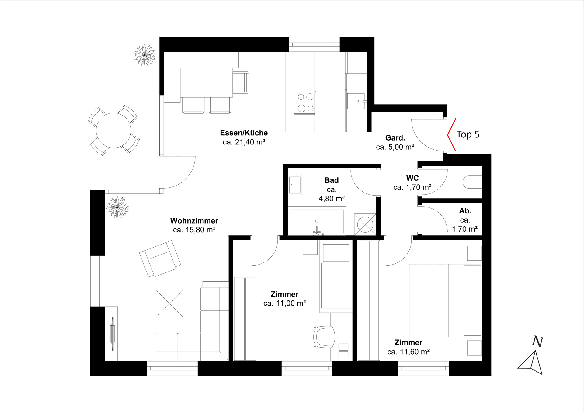 Detaillierter Grundriss einer Wohnung mit Raumaufteilung und Flächenangaben.