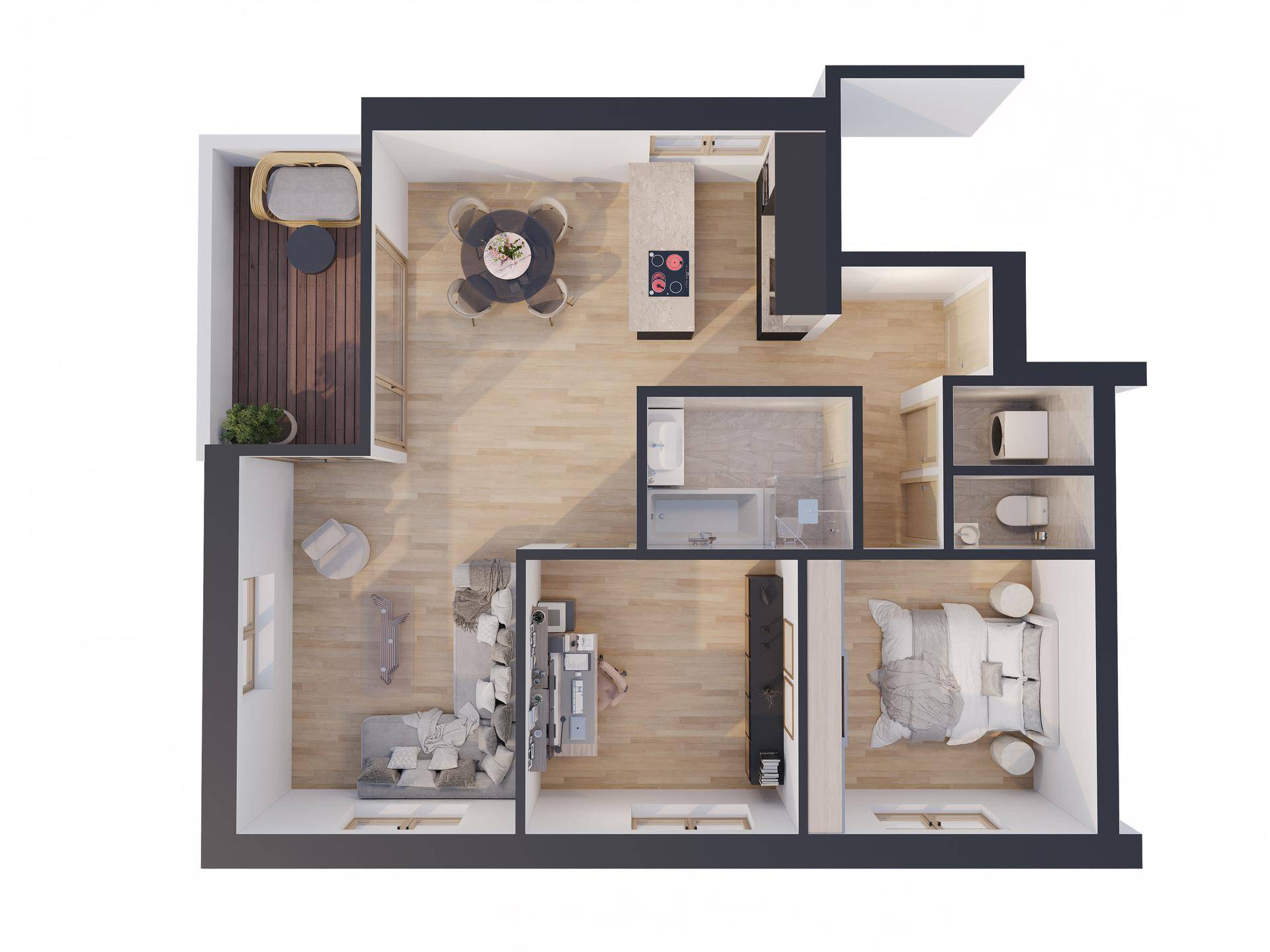 3D-Grundriss einer Wohnung mit offenem Wohnbereich, Schlafzimmer und Balkon.