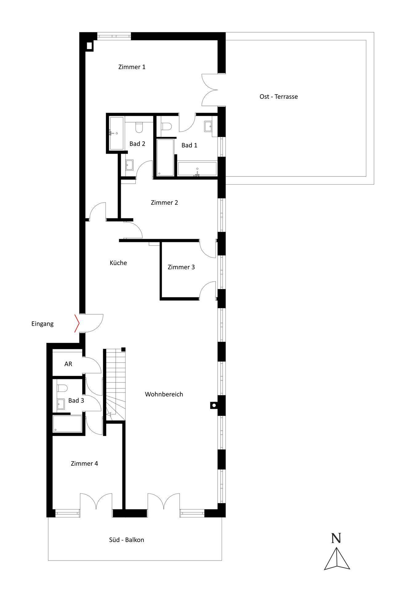 Grundriss des Erdgeschosses mit Wohnbereich, Küche, Bädern und Zugang zu Balkon und Terrasse.