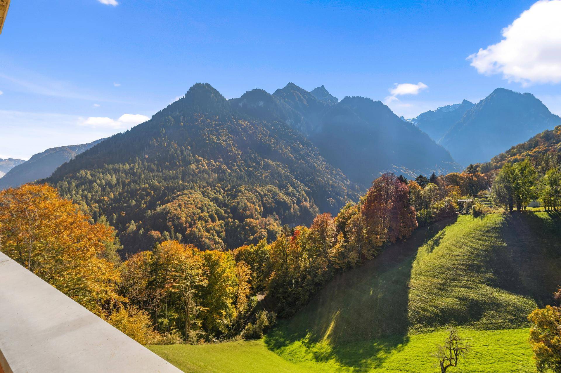 Malerischer Ausblick auf die herbstliche Berglandschaft mit grünen Wiesen und Wäldern.