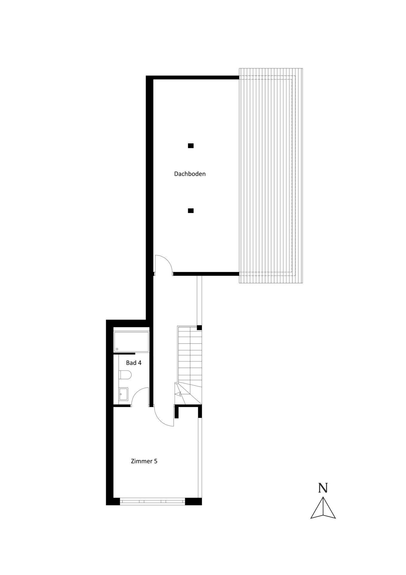 Grundriss des Obergeschosses mit Schlafzimmer und Dachbodenbereich.