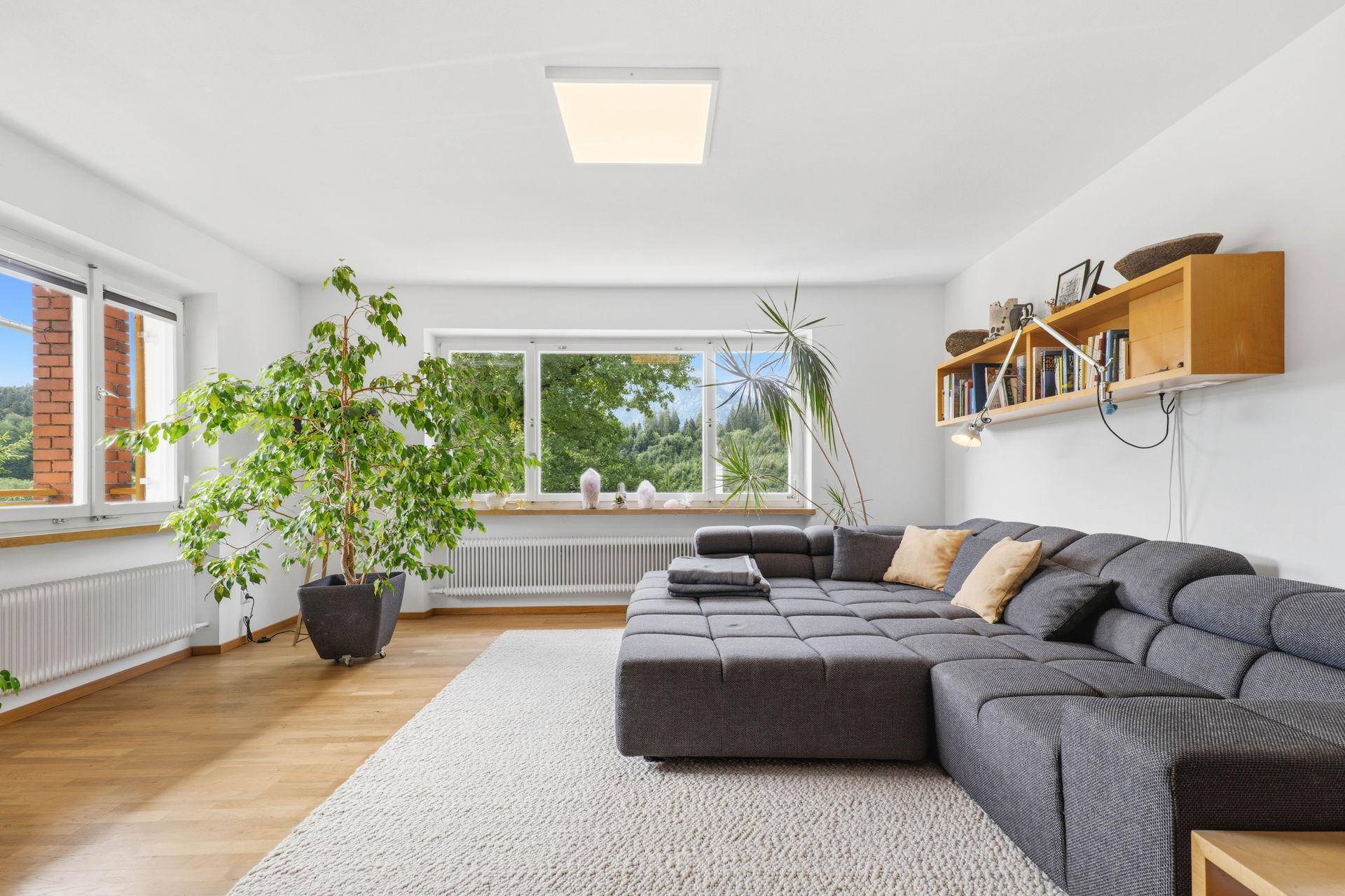 Geräumiges Wohnzimmer mit großem Ecksofa, Holzboden und großen Fenstern mit Blick ins Grüne.