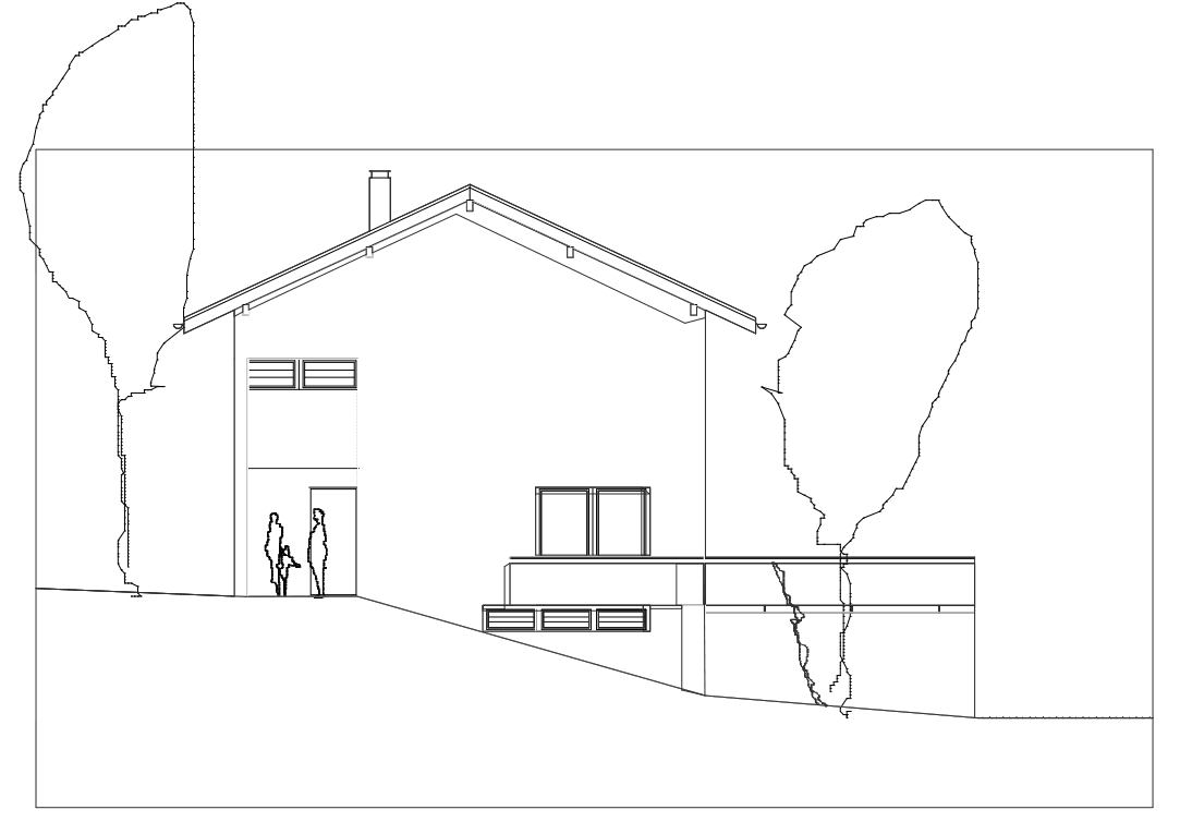 Architektonische Seitenansicht des Hauses mit Terrasse und Personen zur Größenorientierung.