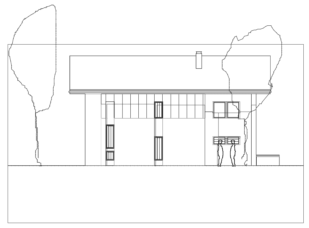 Architektonische Ansicht der Rückseite des Hauses mit mehreren Fenstern.