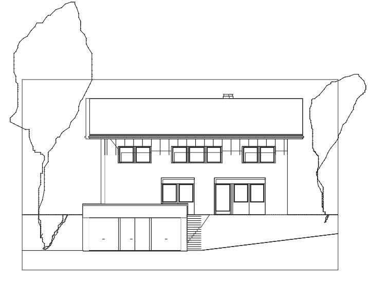 Architektonische Ansicht der Vorderseite des Hauses mit Fenstern und Garagenzugang.