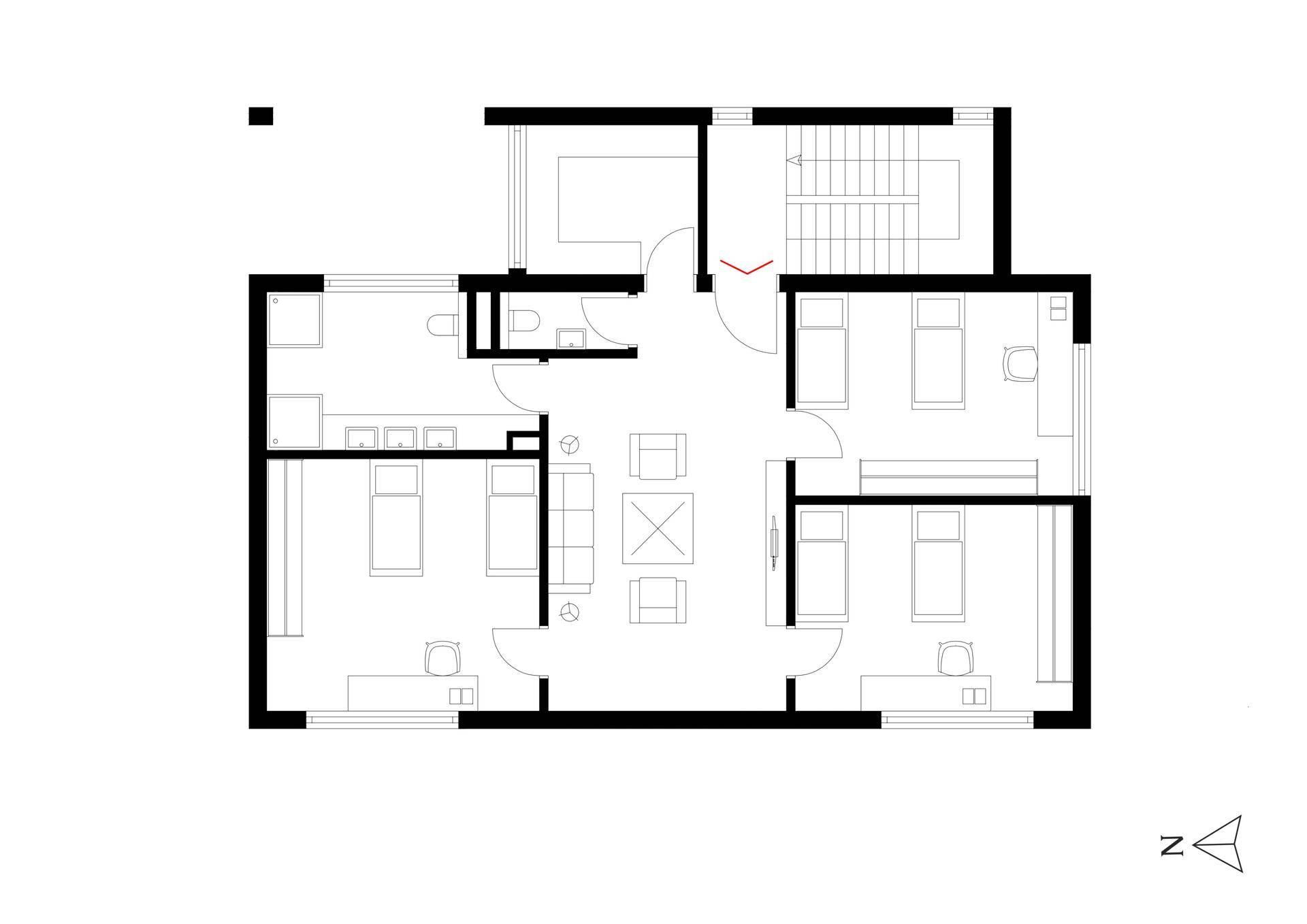 Grundrissplan eines möblierten Stockwerks mit mehreren Schlafzimmern und Bädern.