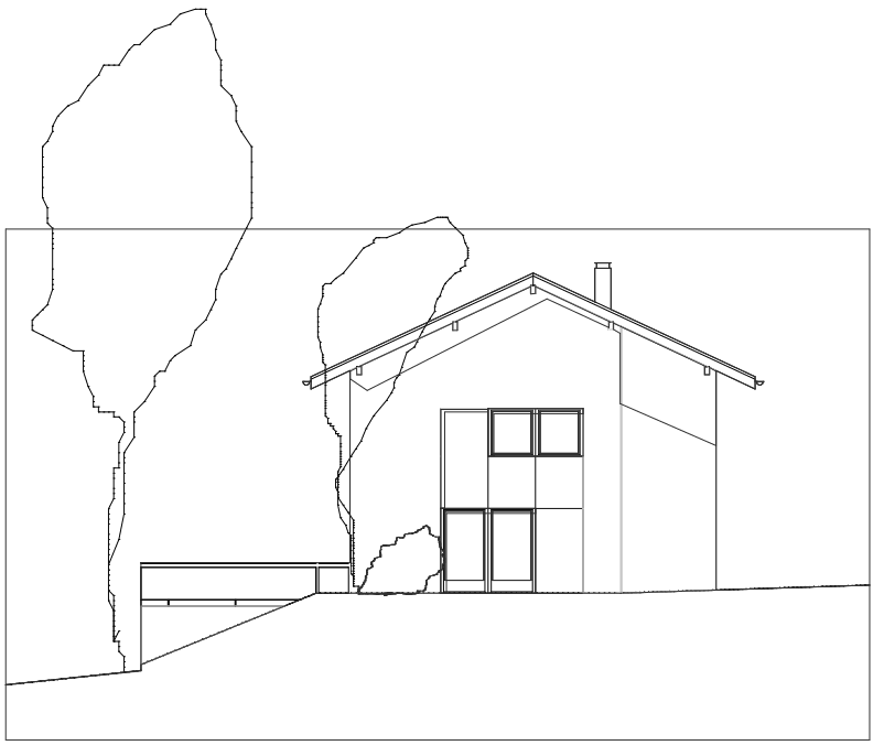 Architektonische Seitenansicht des Hauses mit Giebeldach und Fenstern.