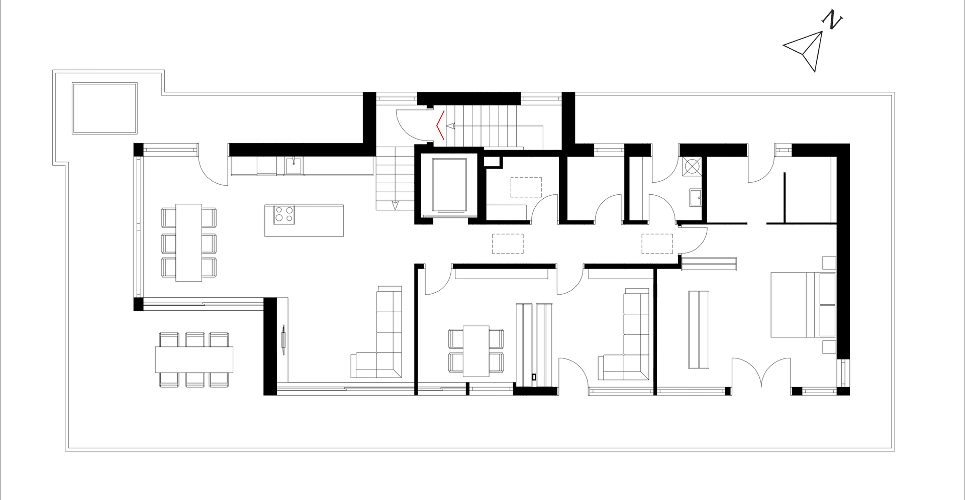 Detaillierter Grundriss einer Wohnung mit offenem Wohnbereich und mehreren Zimmern.