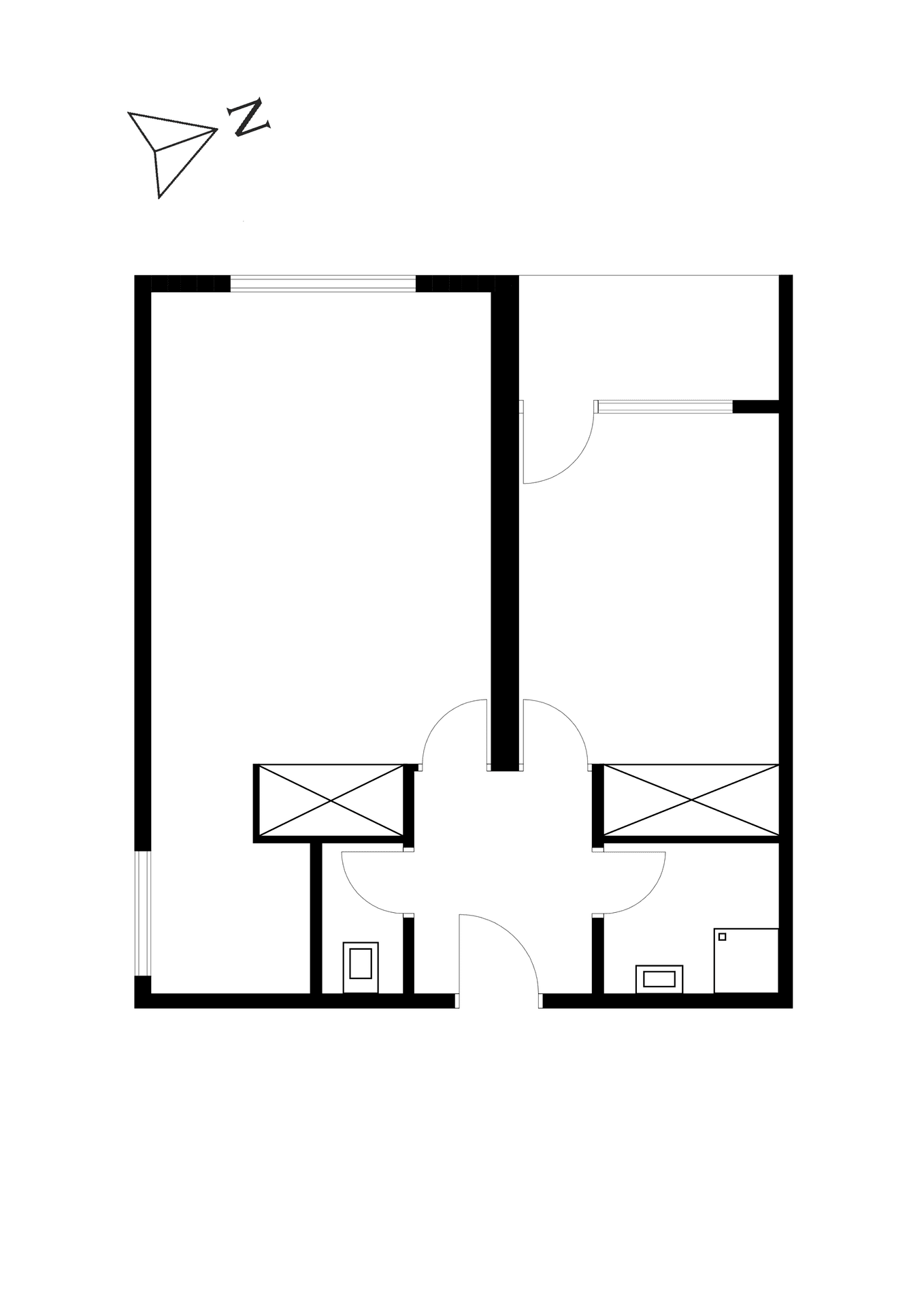 Grundriss einer Wohneinheit mit zwei Räumen und Balkonen.