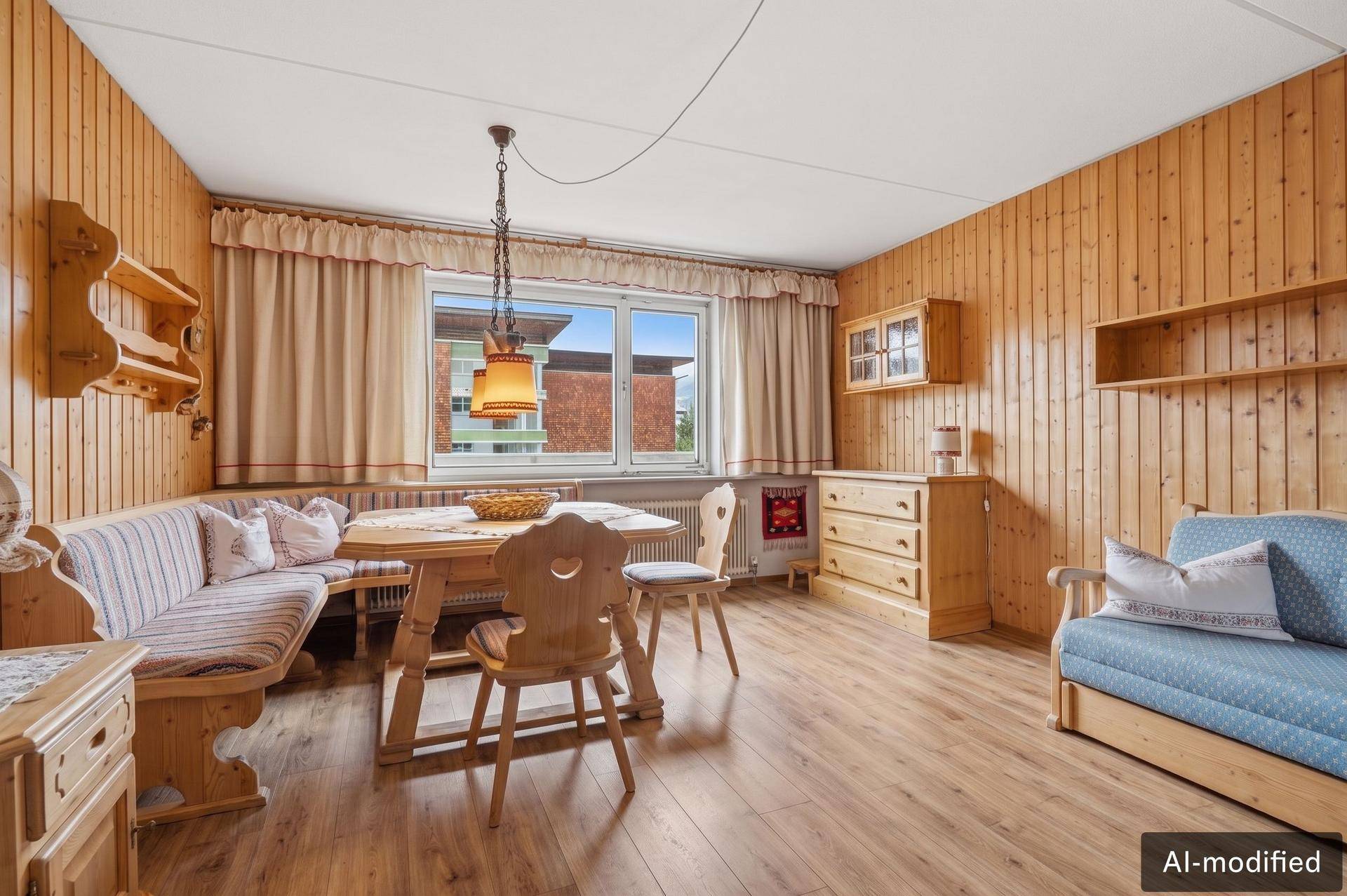 Wohn- und Essbereich im alpinen Stil mit Holztäfelung und neuem Laminatboden.