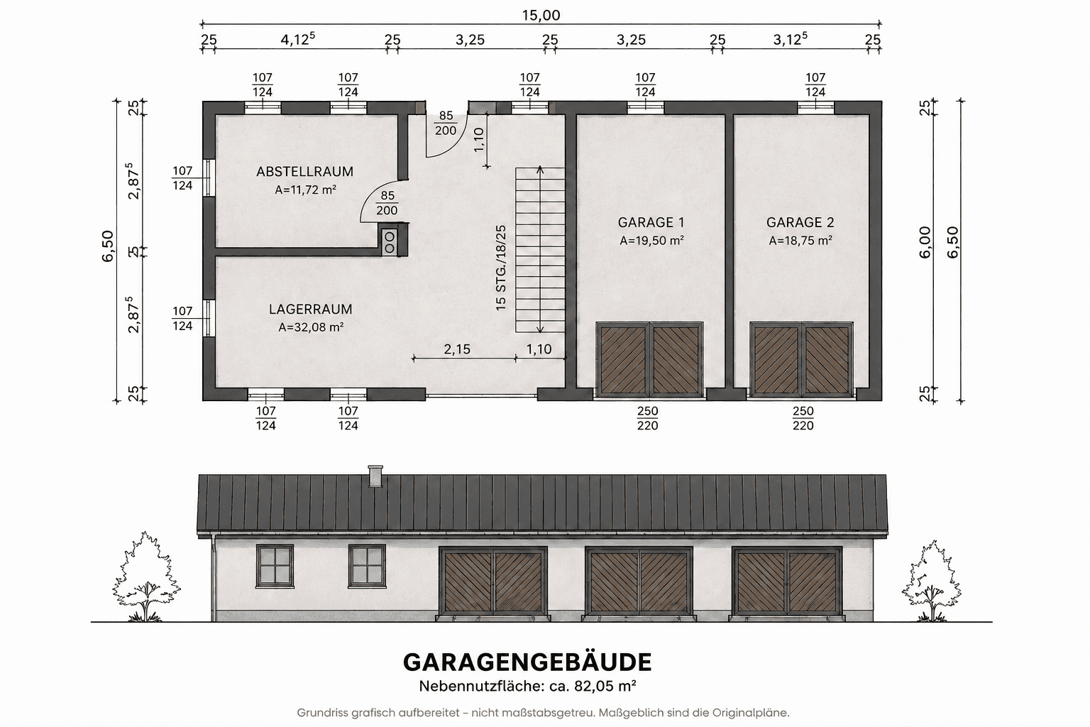 Grundriss des Garagengebäudes mit zwei Garagenplätzen, Abstellraum und Lagerraum.