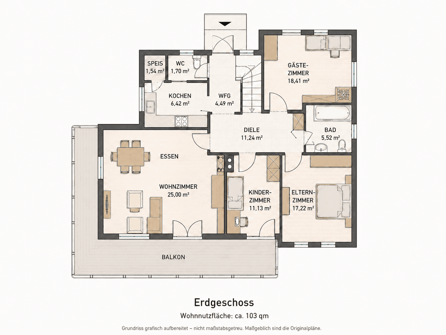 Grundriss des Erdgeschosses mit offenem Wohn-Essbereich, drei Schlafzimmern und Balkon.