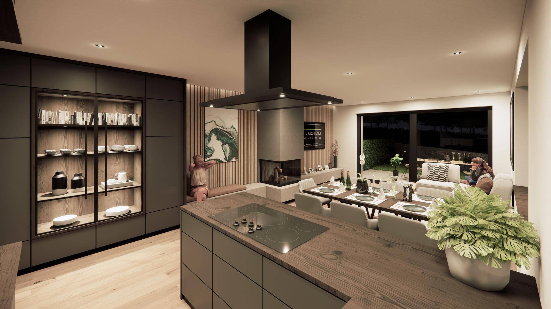 Moderne offene Küche mit Kochinsel und Essbereich, verbunden mit dem Wohnzimmer und Kamin.